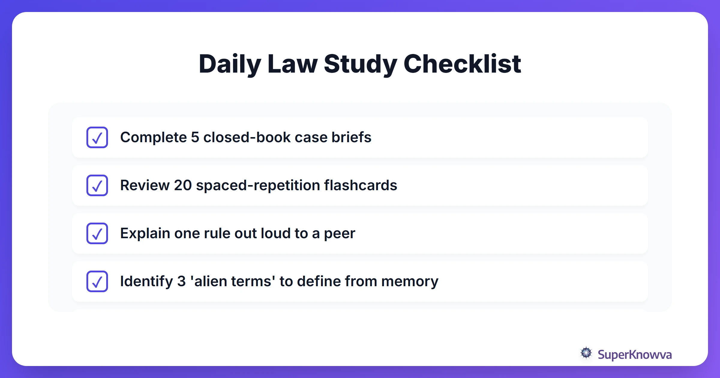 A checklist for law students to incorporate active recall into their daily routine.