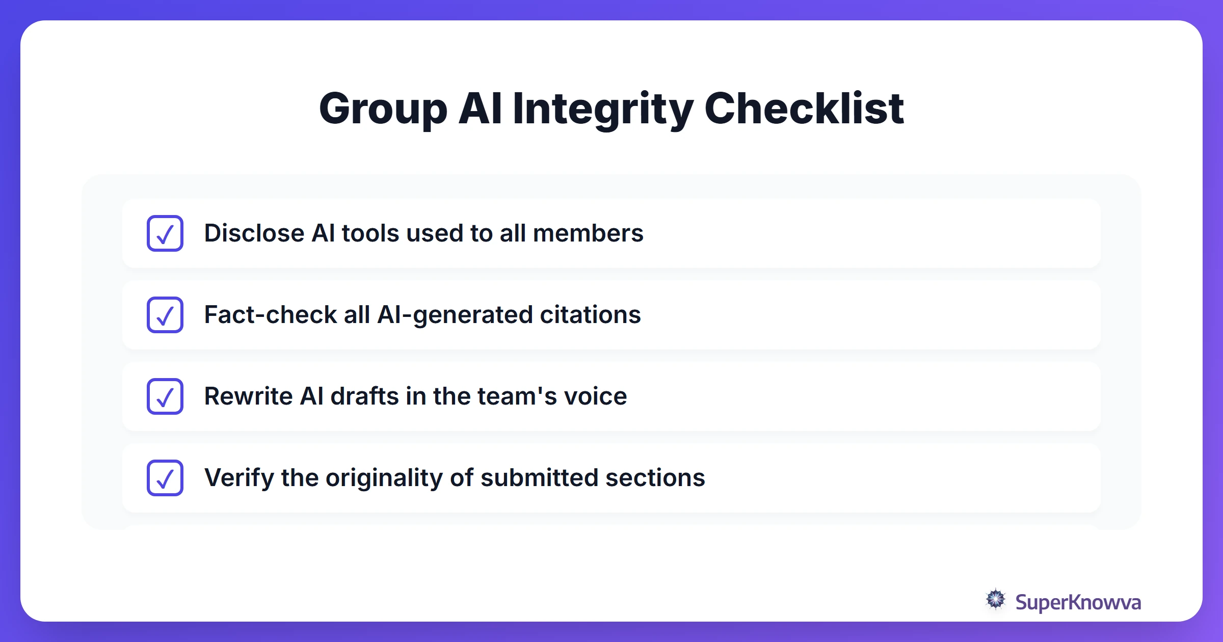 A checklist for maintaining academic integrity in group projects using AI.