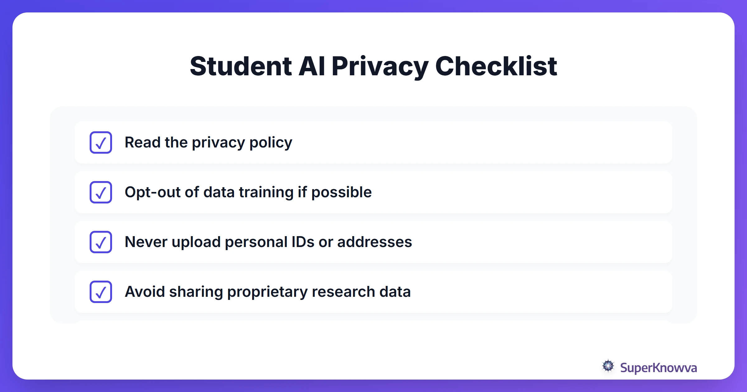 A checklist for students to ensure data privacy when using AI