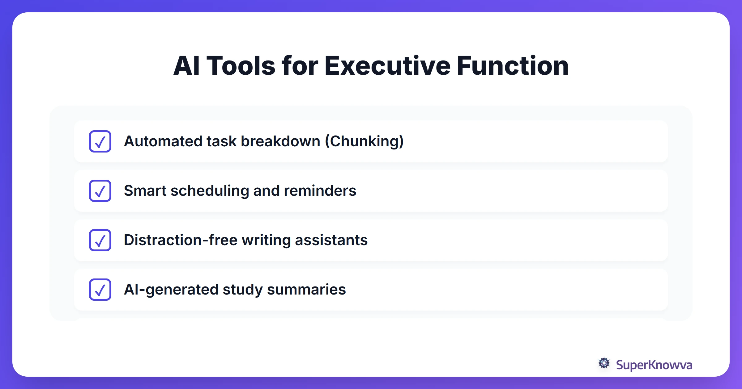 Checklist of AI tools that support students with ADHD and executive function challenges.