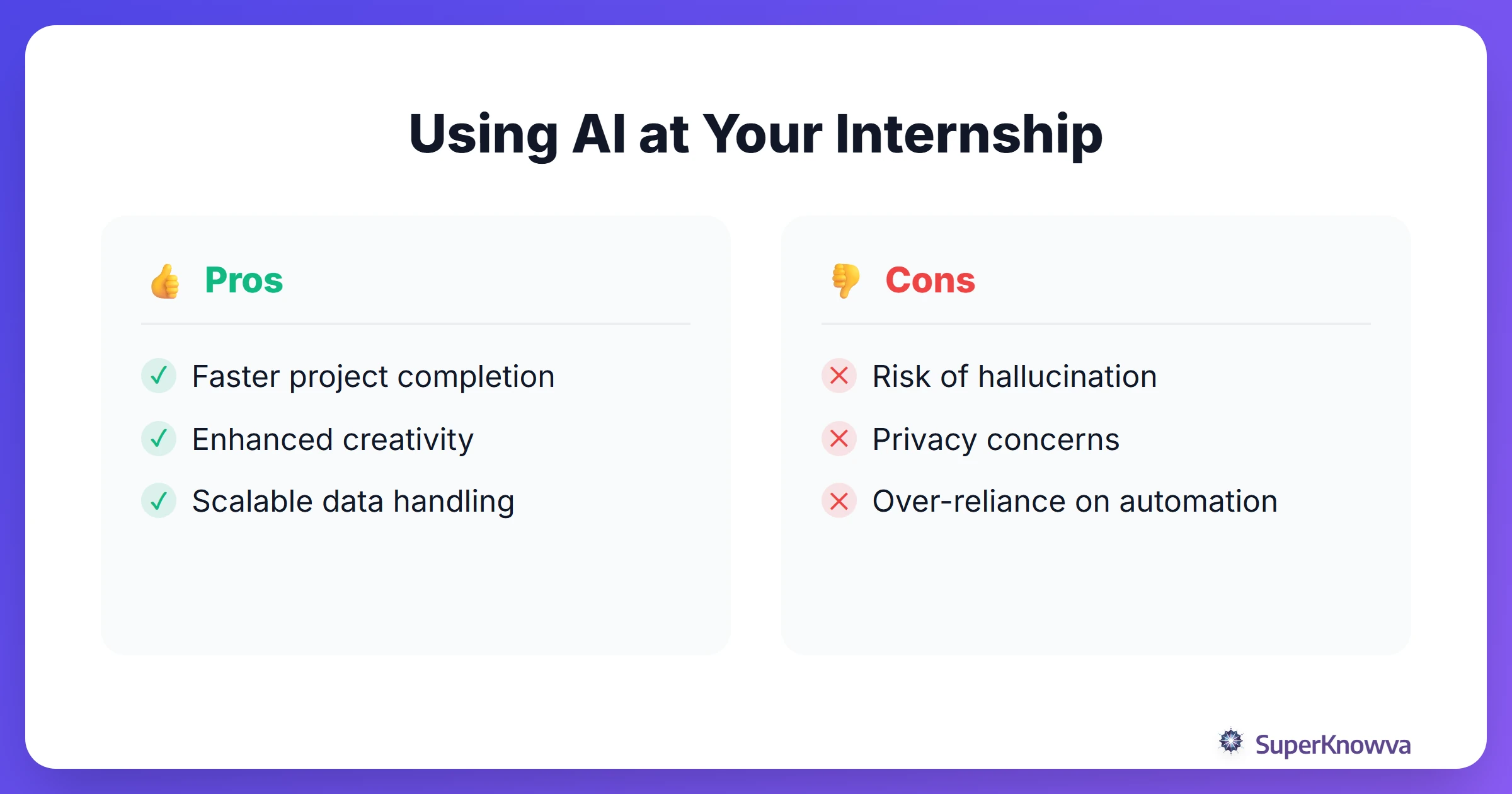 A pros and cons list of using AI tools in a professional internship setting.