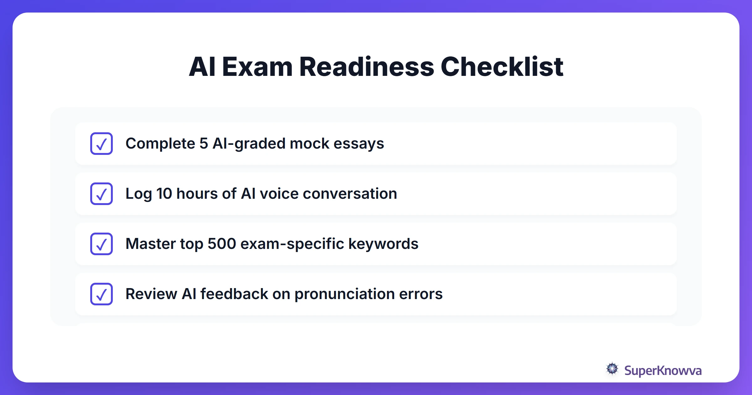 A checklist for being ready for a language exam using AI tools.