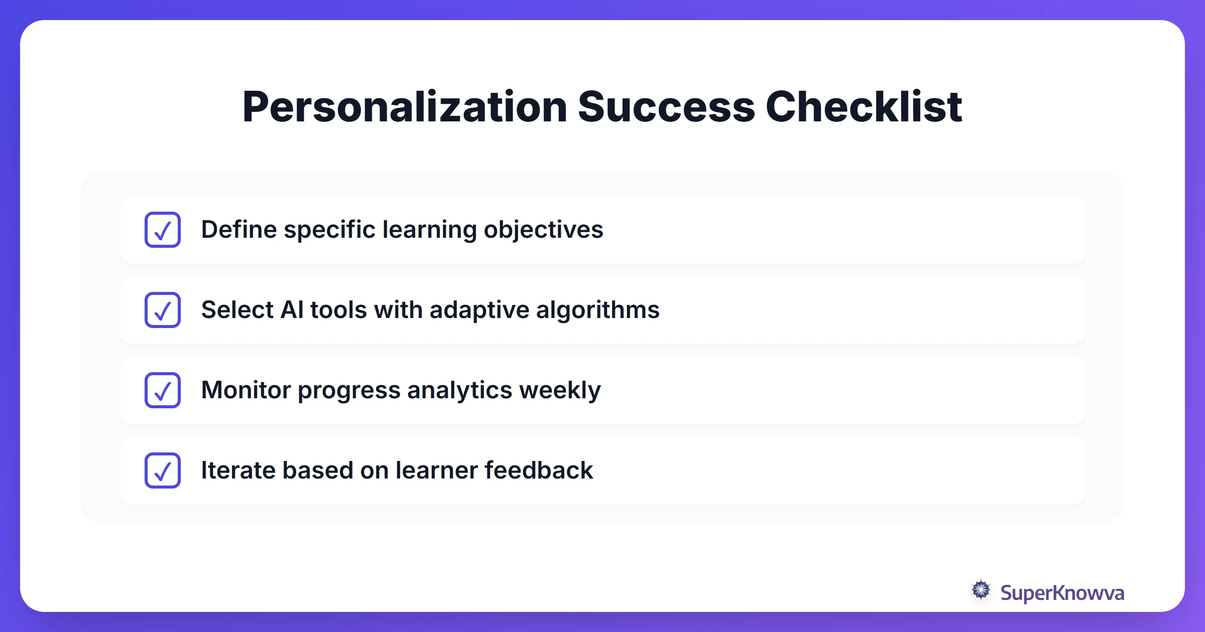 Checklist for implementing AI personalized learning.