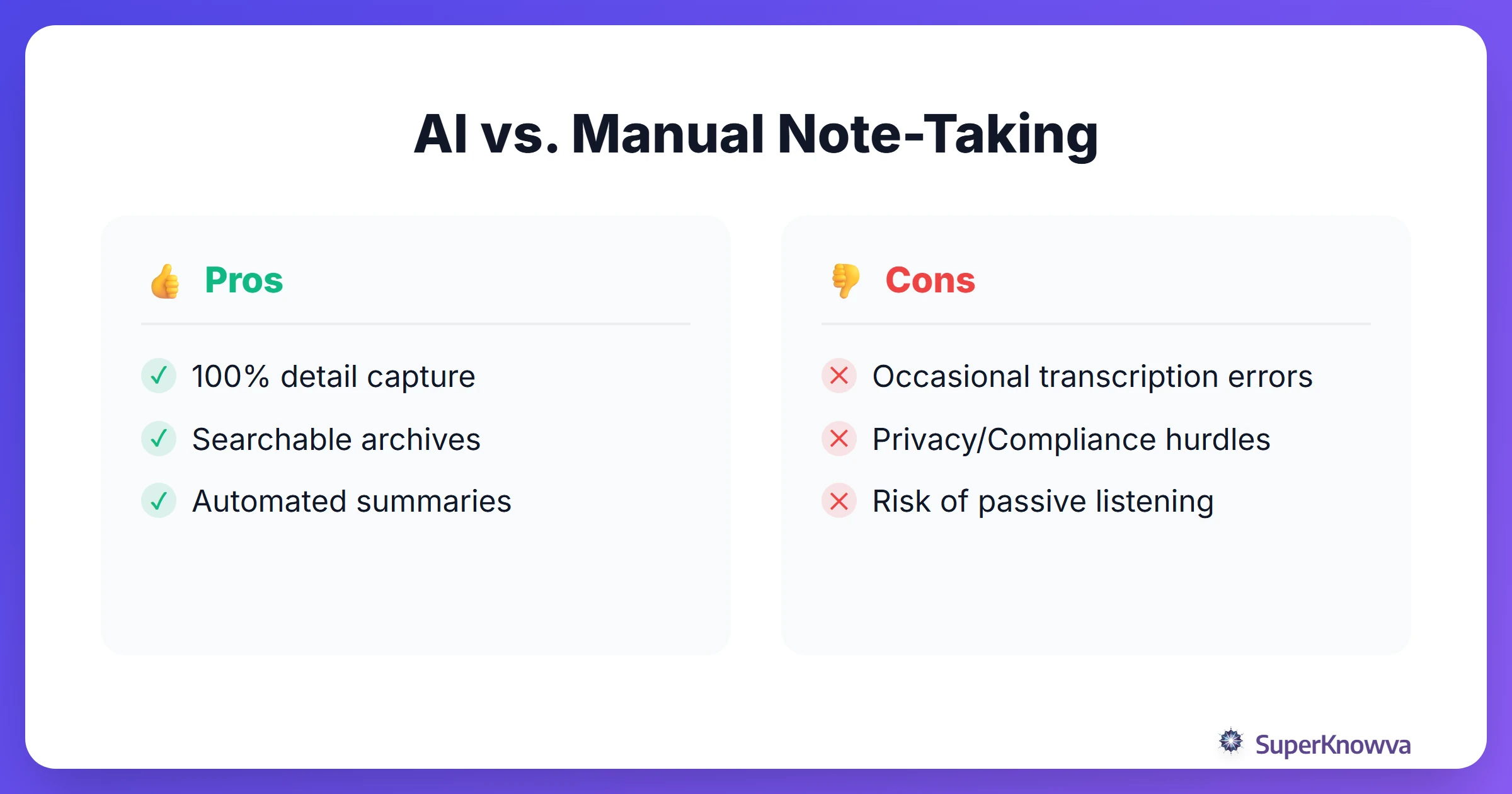 Pros and cons of AI note-taking versus manual note-taking.