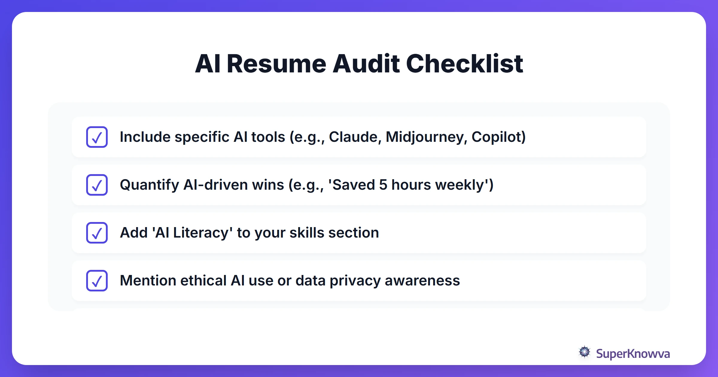 A checklist for optimizing a resume with AI skills.