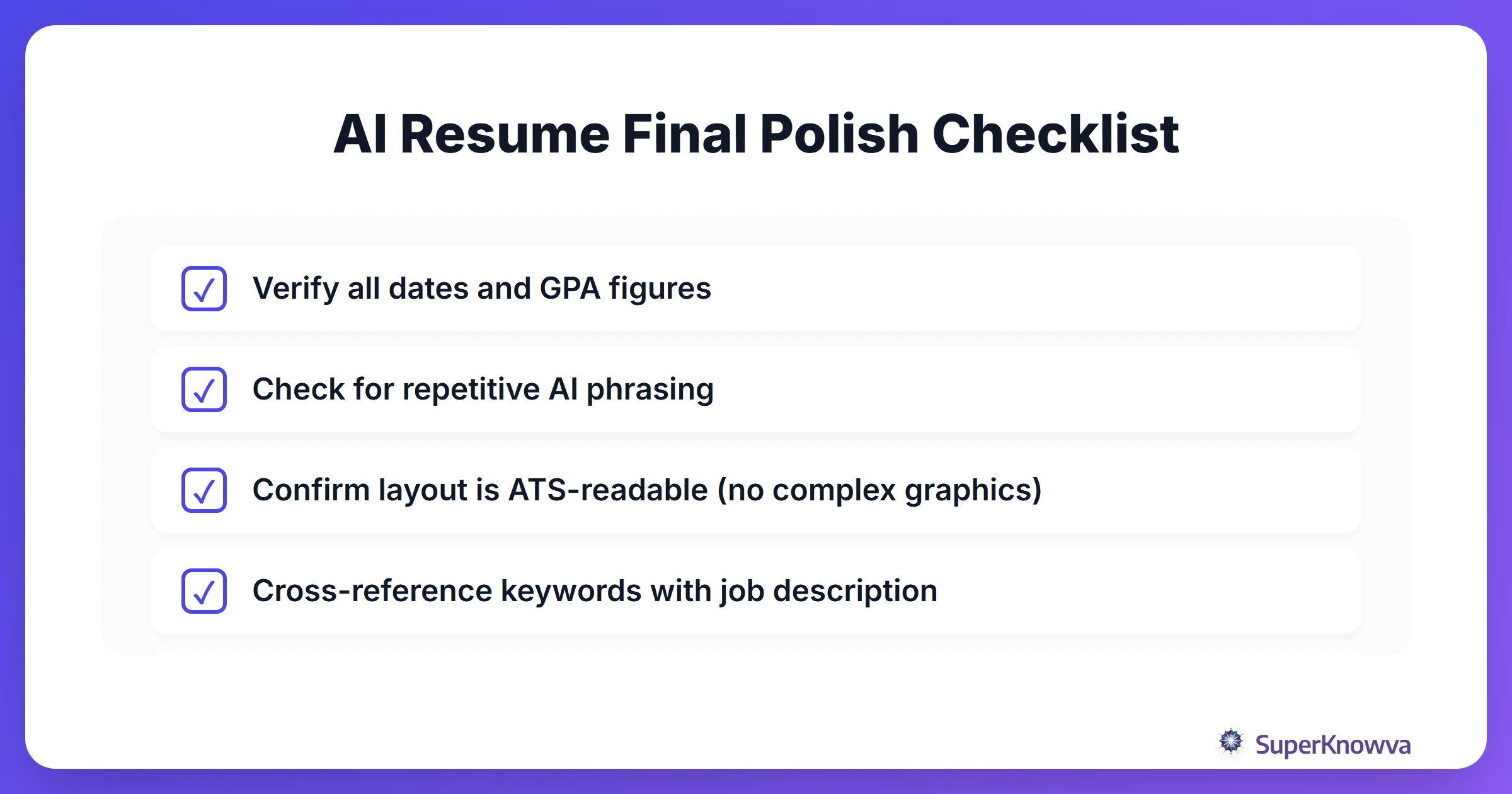 A checklist for ensuring your AI-generated resume is job-ready.