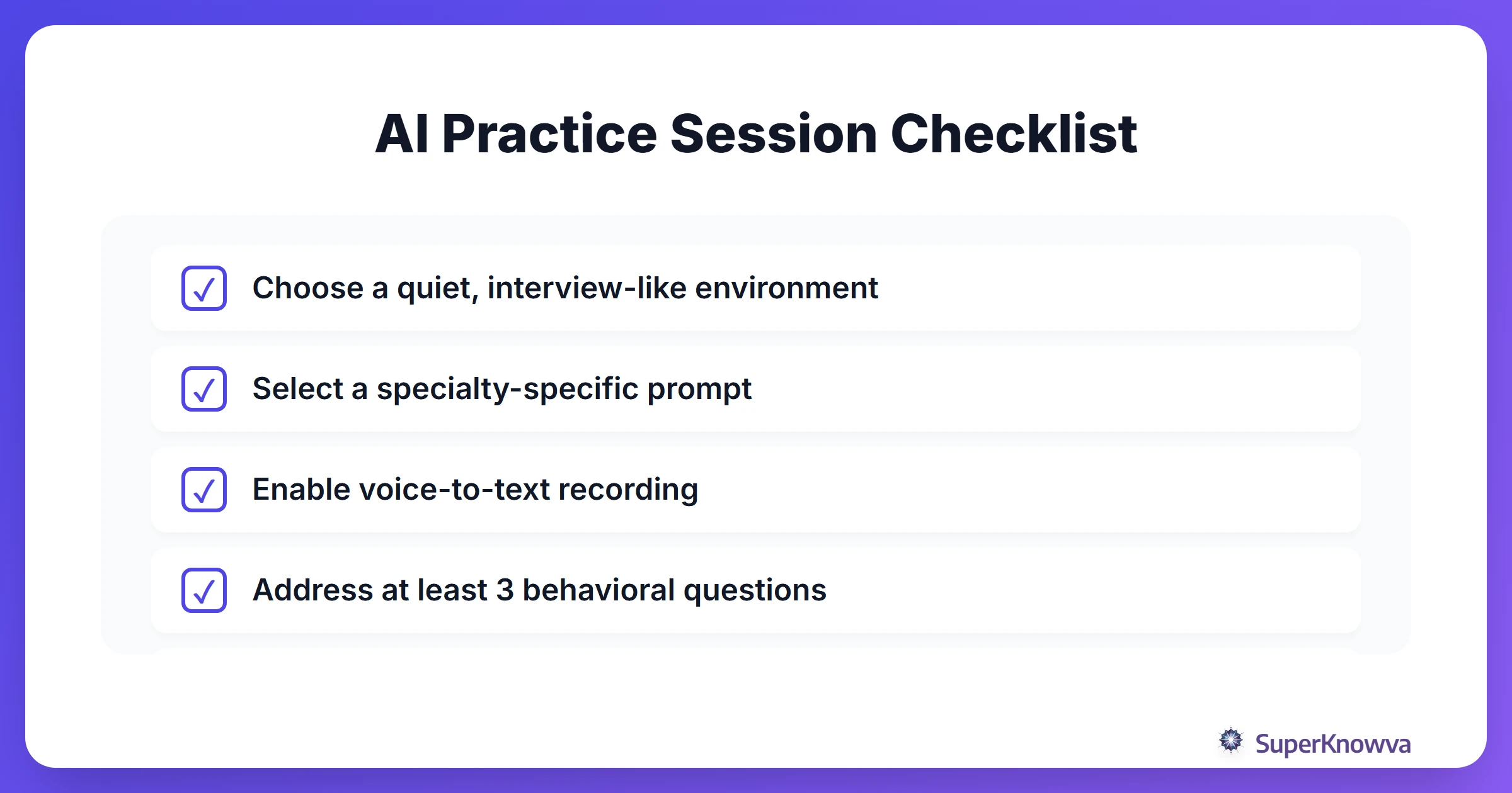A checklist for a successful AI residency interview practice session.