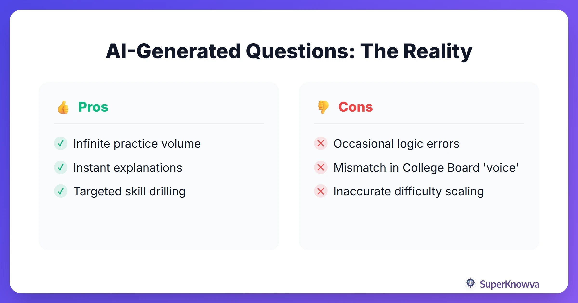 Pros and cons of using AI for SAT question generation.