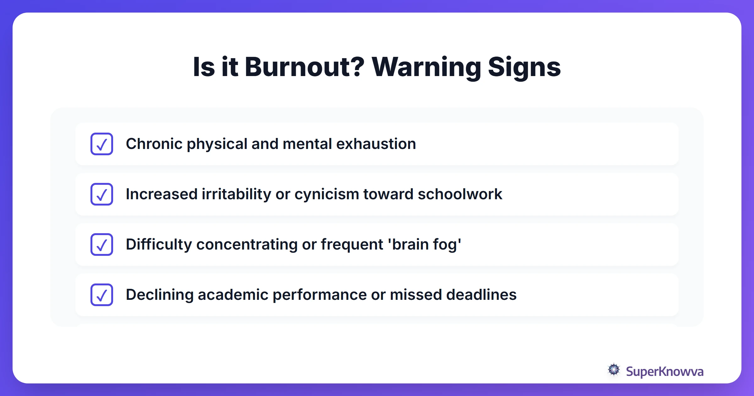A checklist of common academic burnout symptoms.