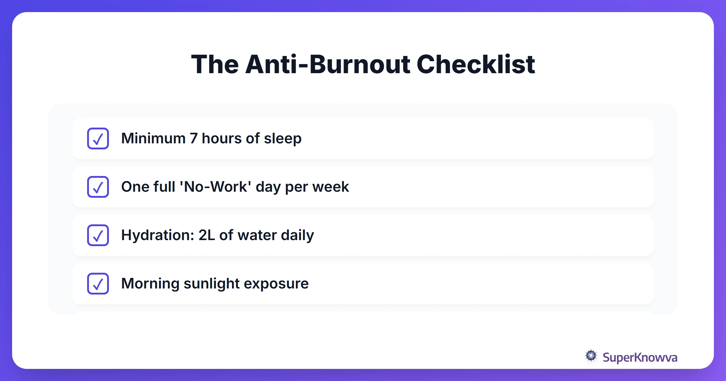 A checklist of items to ensure mental health during a busy summer.
