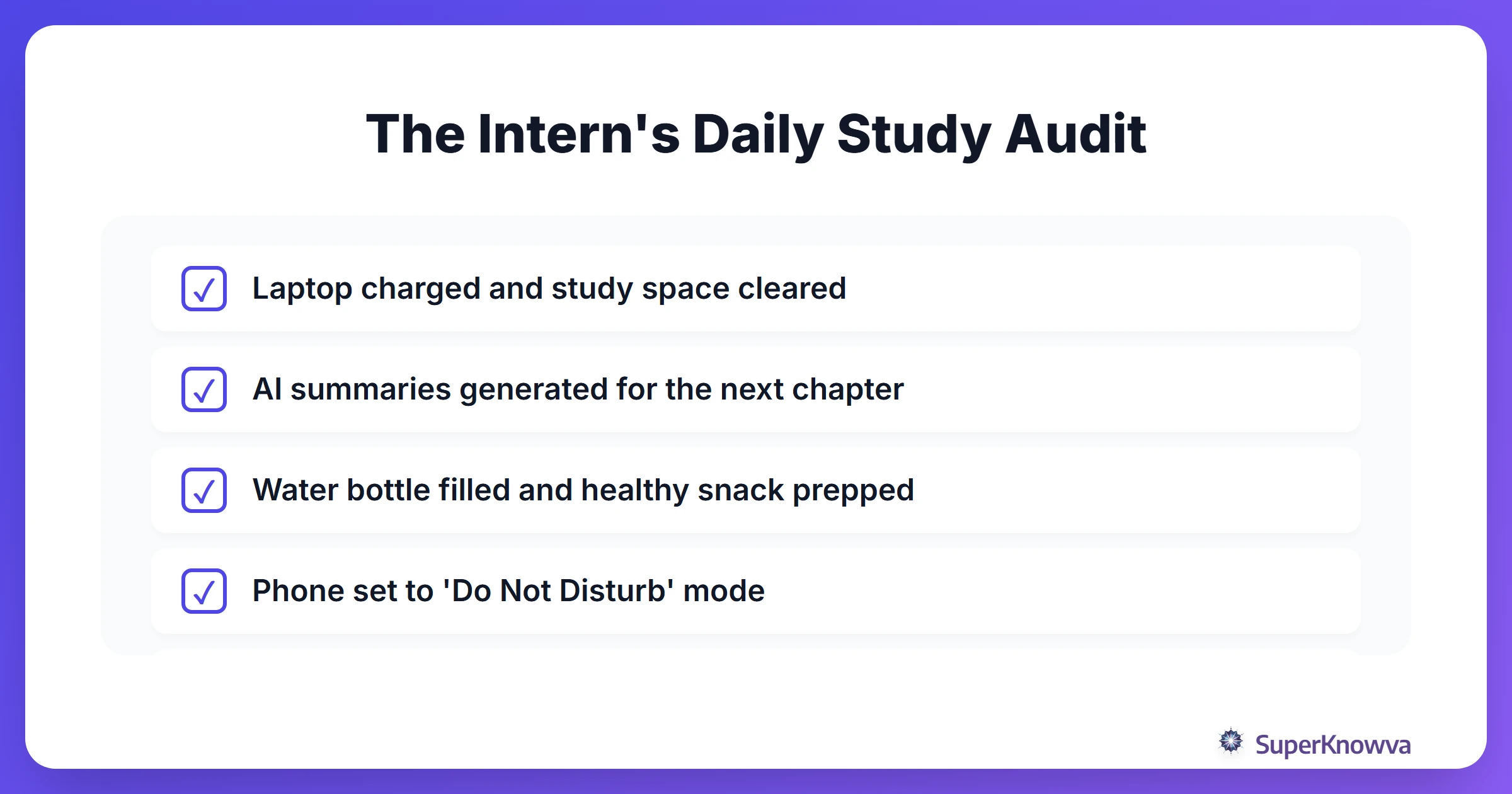 A checklist for interns to audit their daily study readiness.