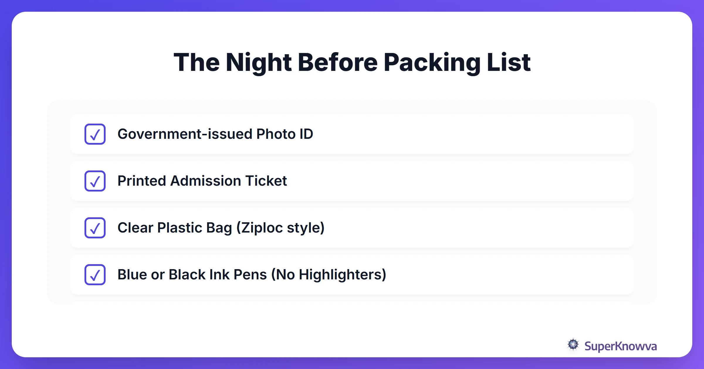 A checklist of items to pack for the bar exam including ID and clear bags.