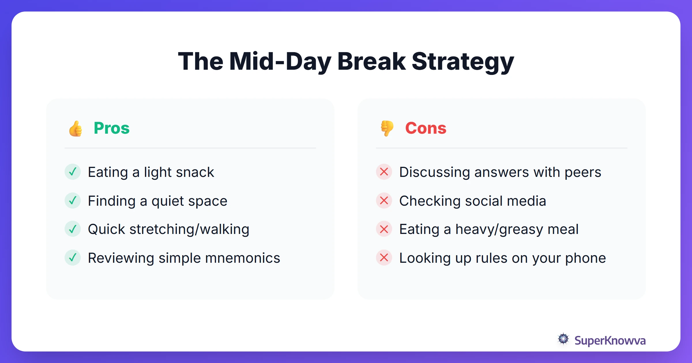 Pros and cons of different behaviors during the bar exam mid-day break.