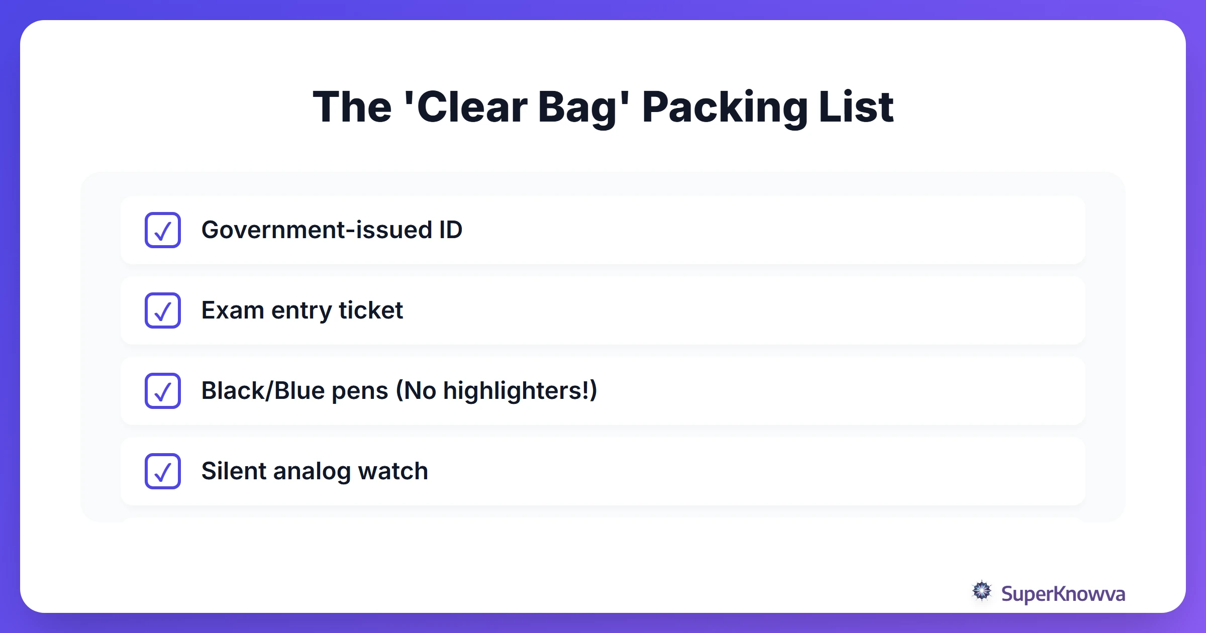 A checklist of essential items for the bar exam day.