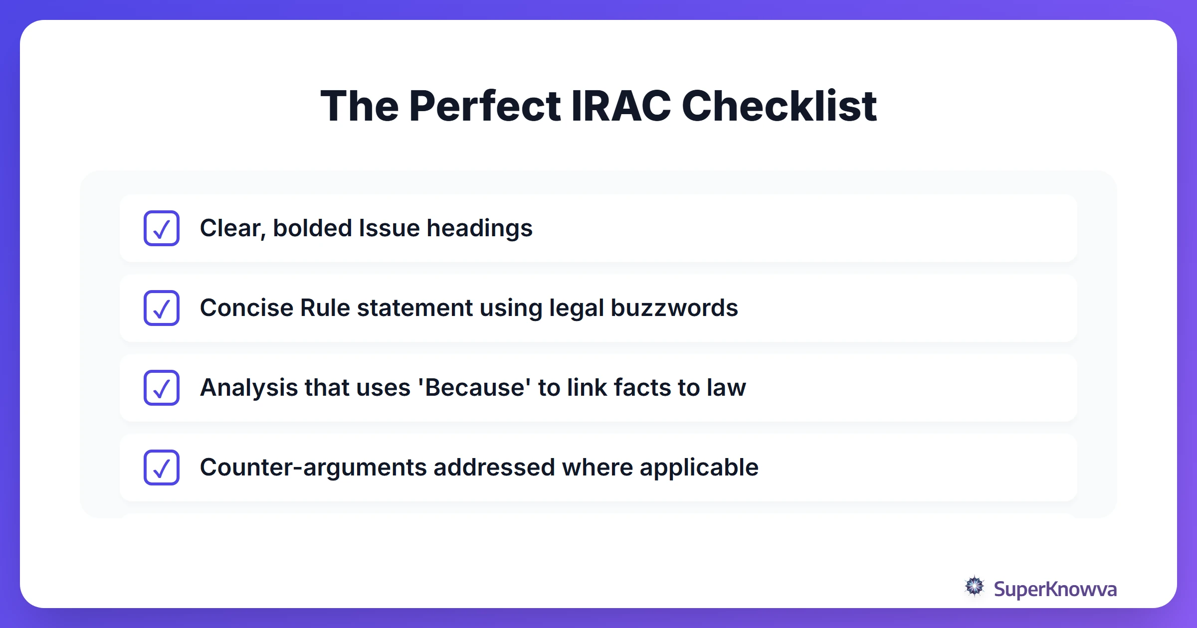 Checklist for a perfect IRAC structure in Bar Exam essays