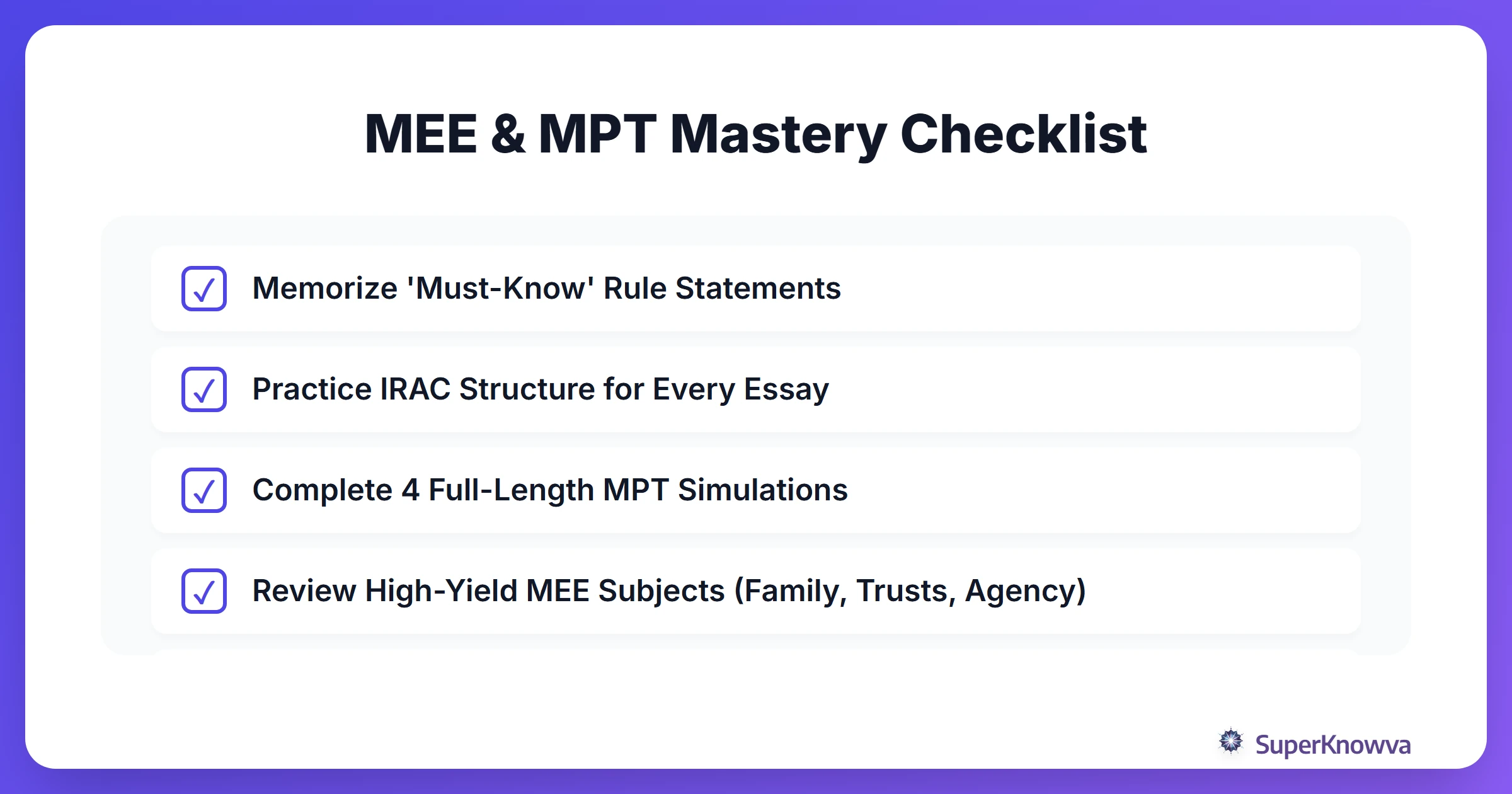 A checklist for mastering the MPT and MEE components.