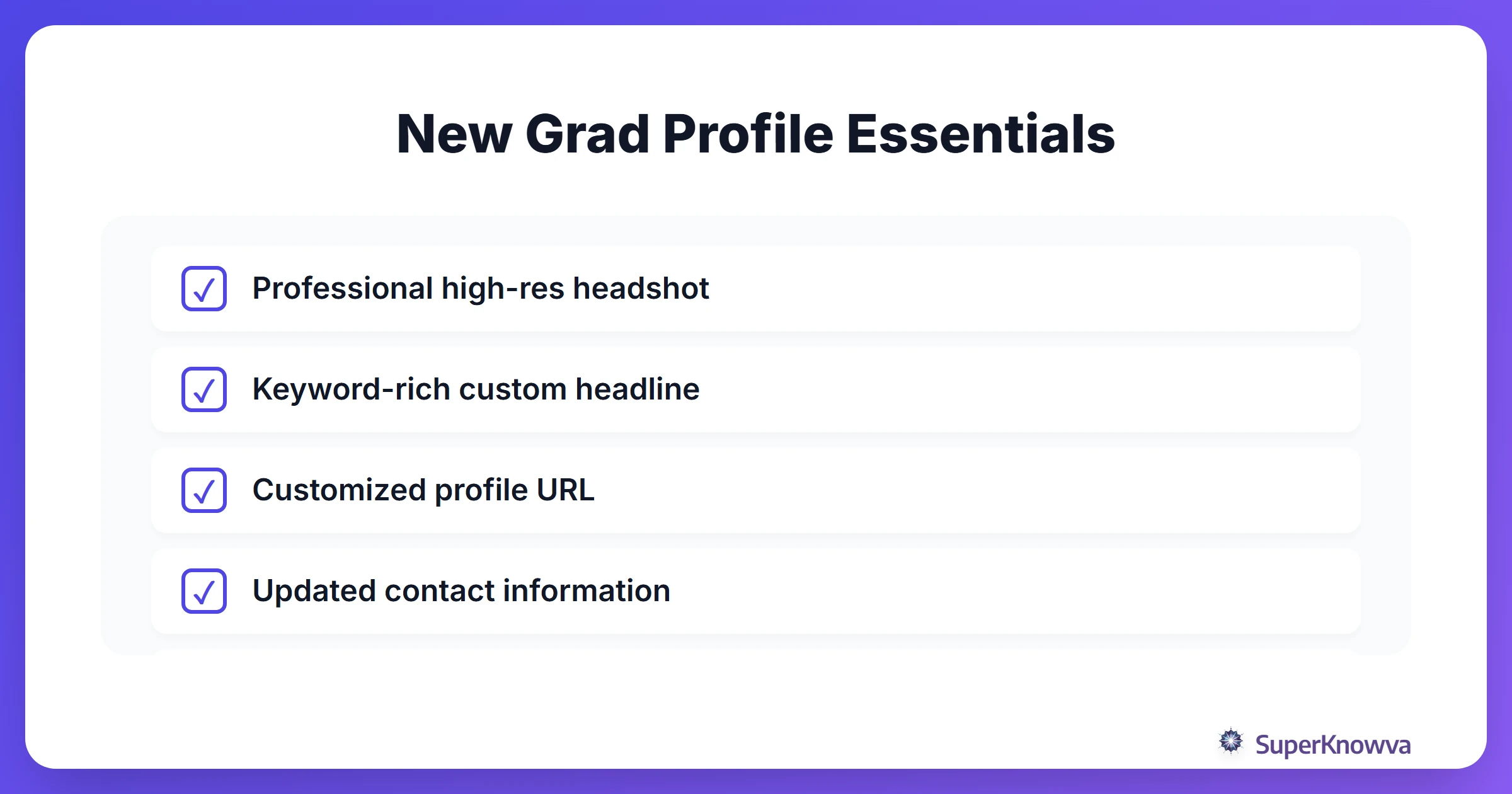 A checklist of essential steps for a new graduate to set up their LinkedIn profile.
