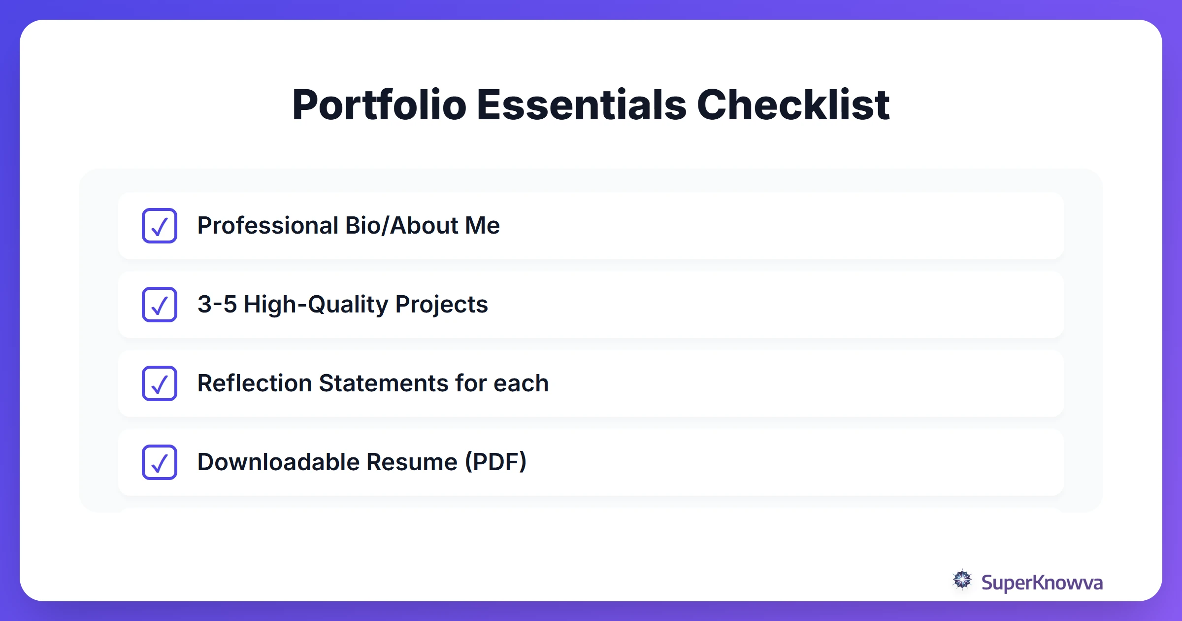 A checklist of essential items to include in a student professional portfolio.