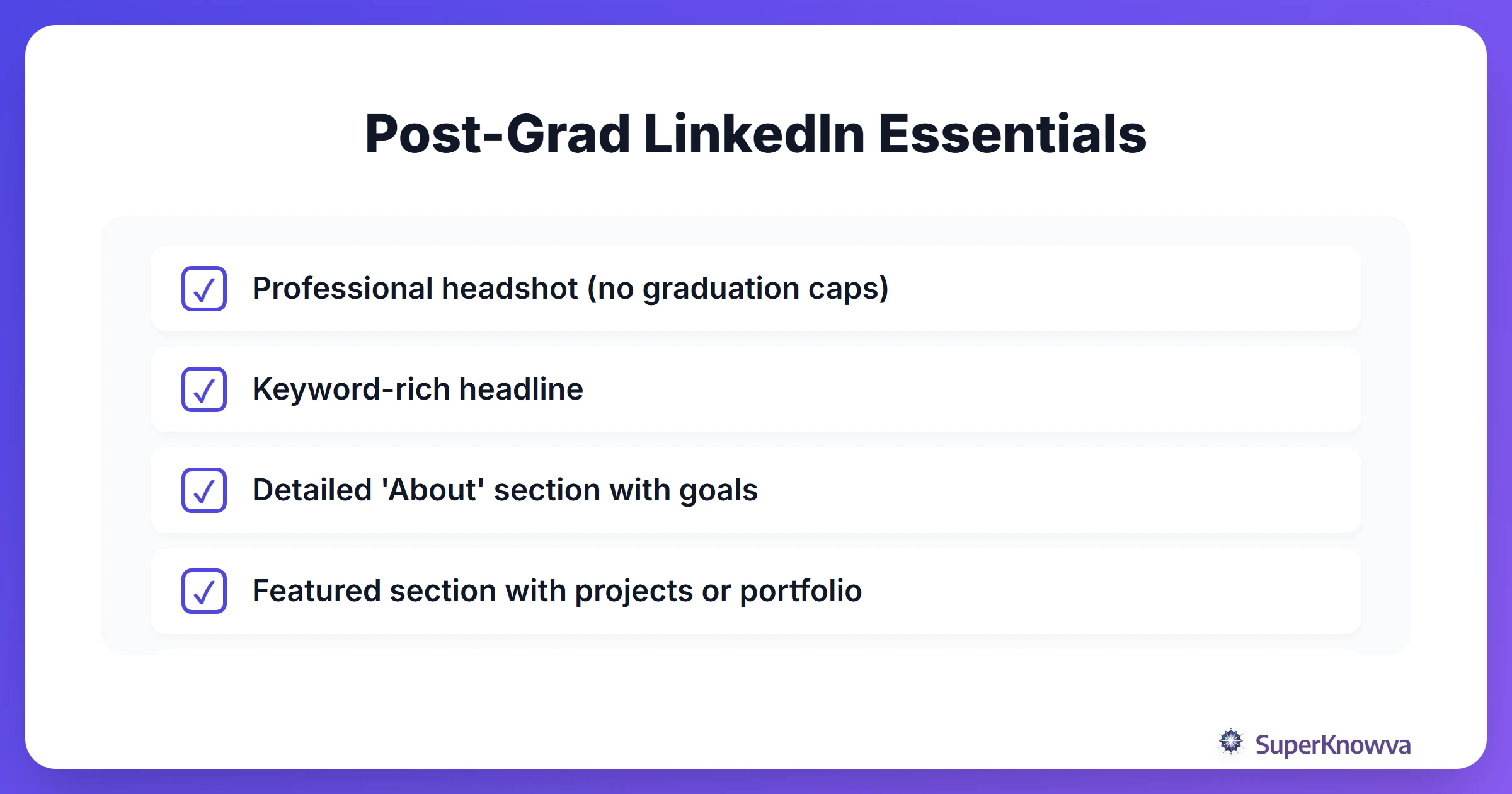A checklist for optimizing a LinkedIn profile for new graduates.