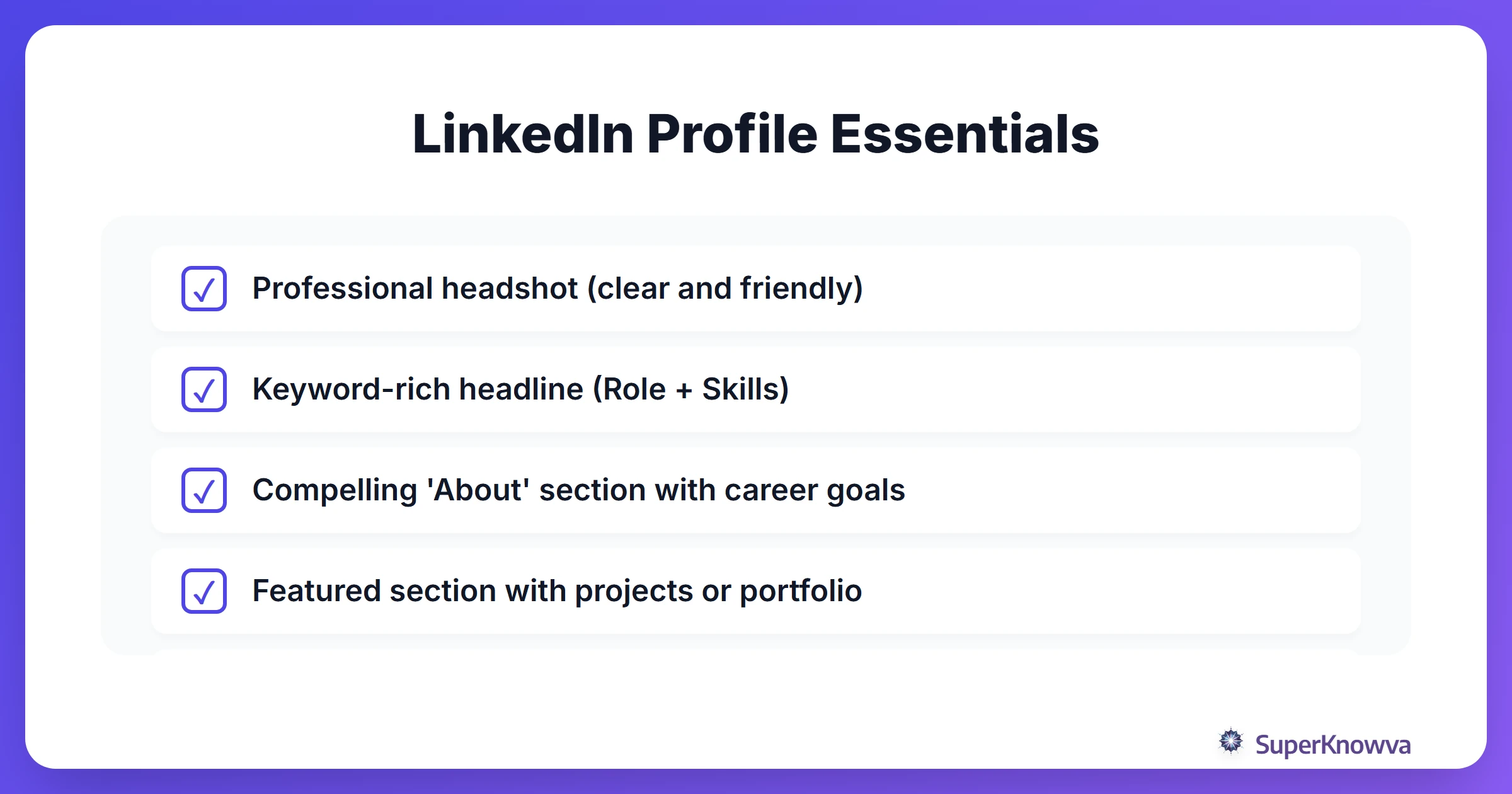 A checklist for optimizing a LinkedIn profile for recent graduates.