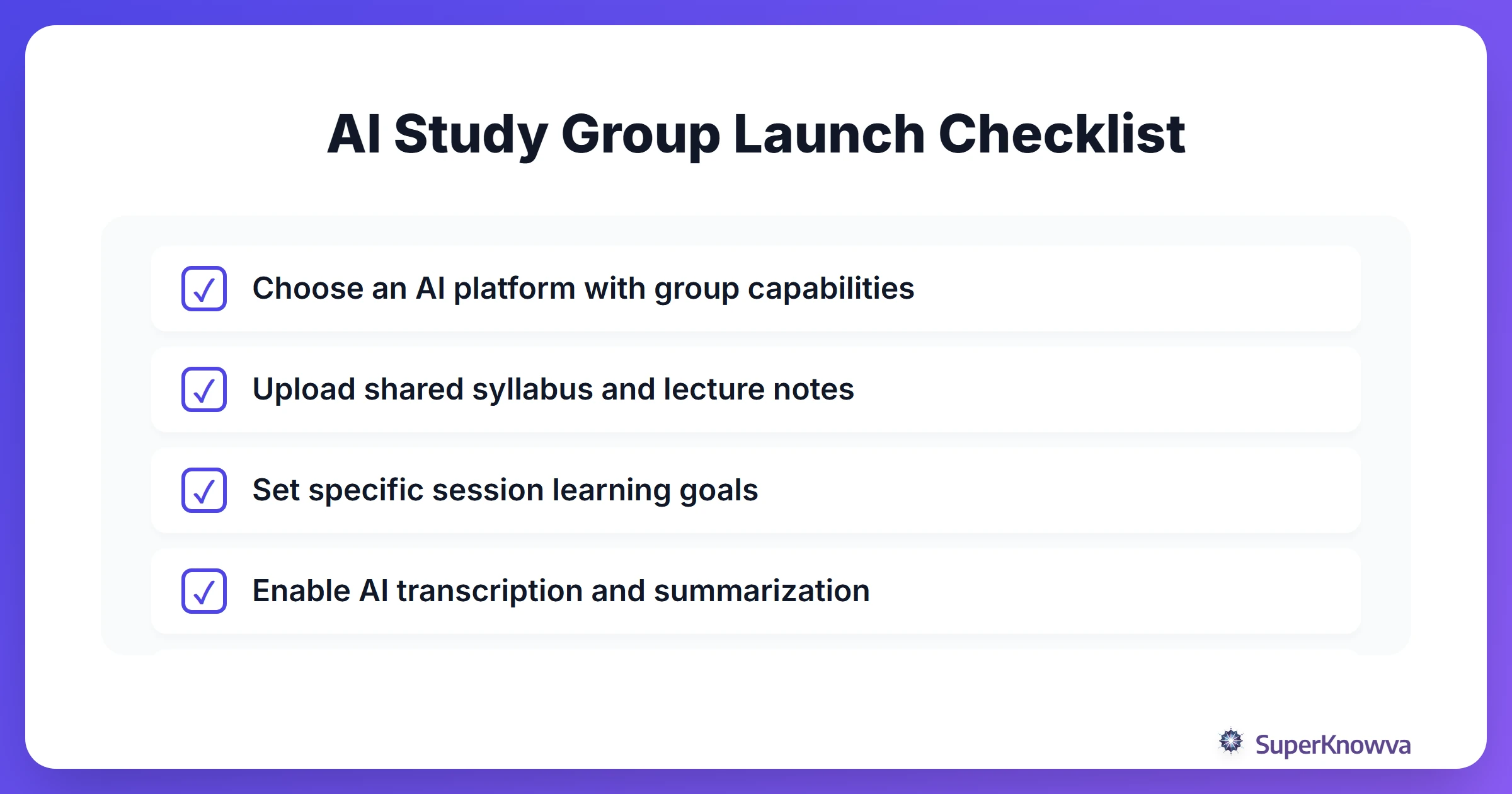 A checklist for students to set up their first collaborative AI study group.
