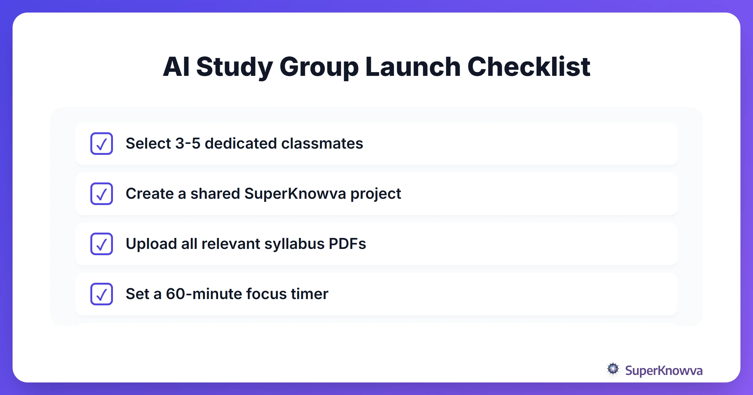 A checklist for setting up an AI-powered study group.