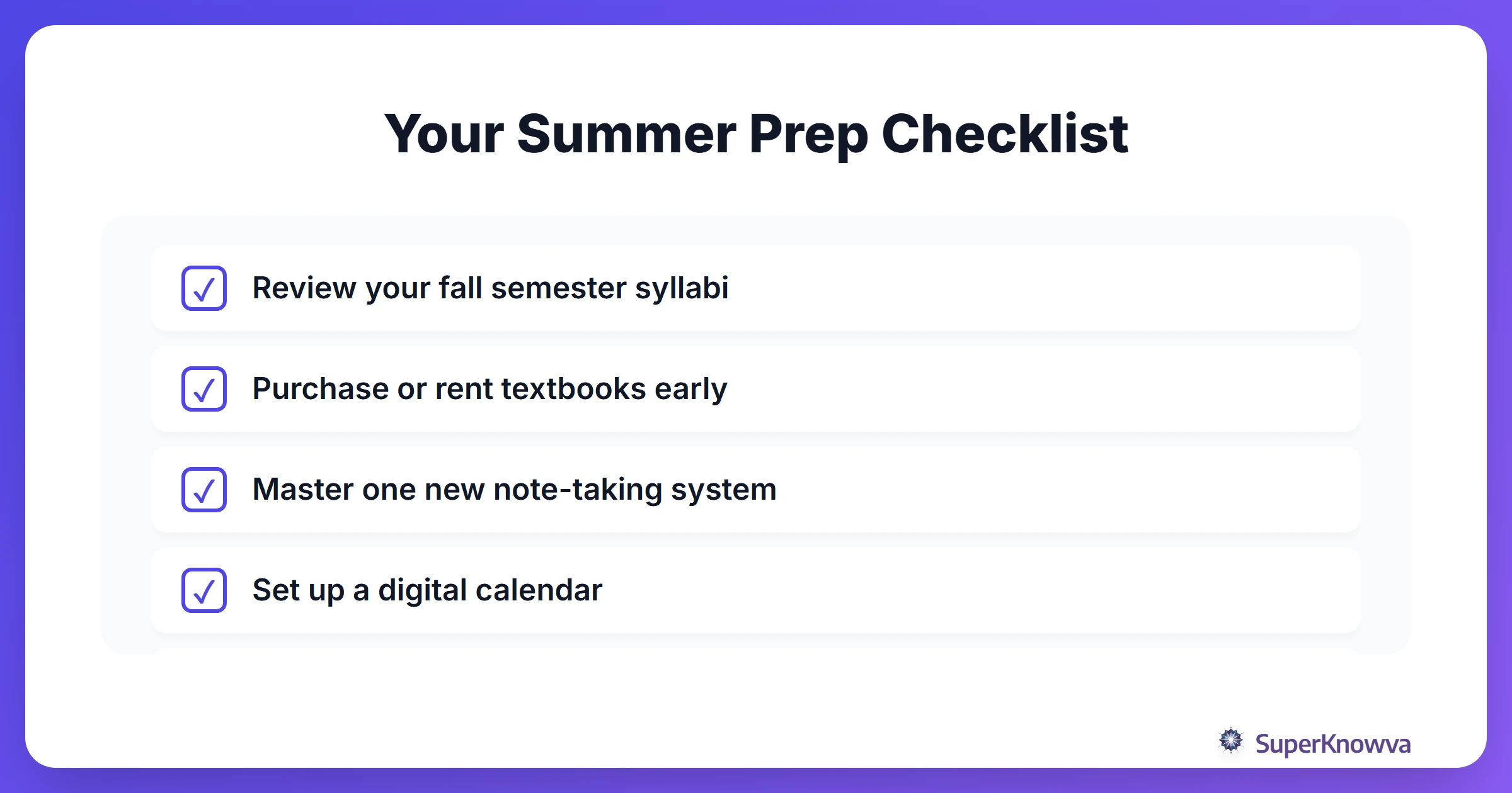 Summer academic preparation checklist for freshmen