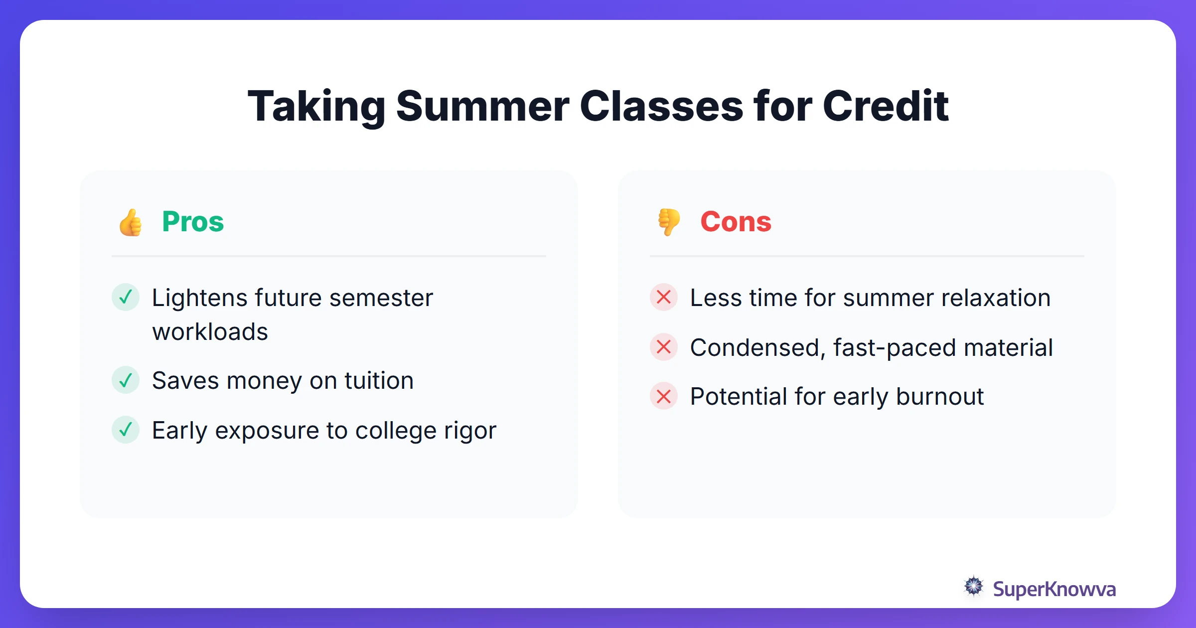 Pros and cons of taking summer classes for credit