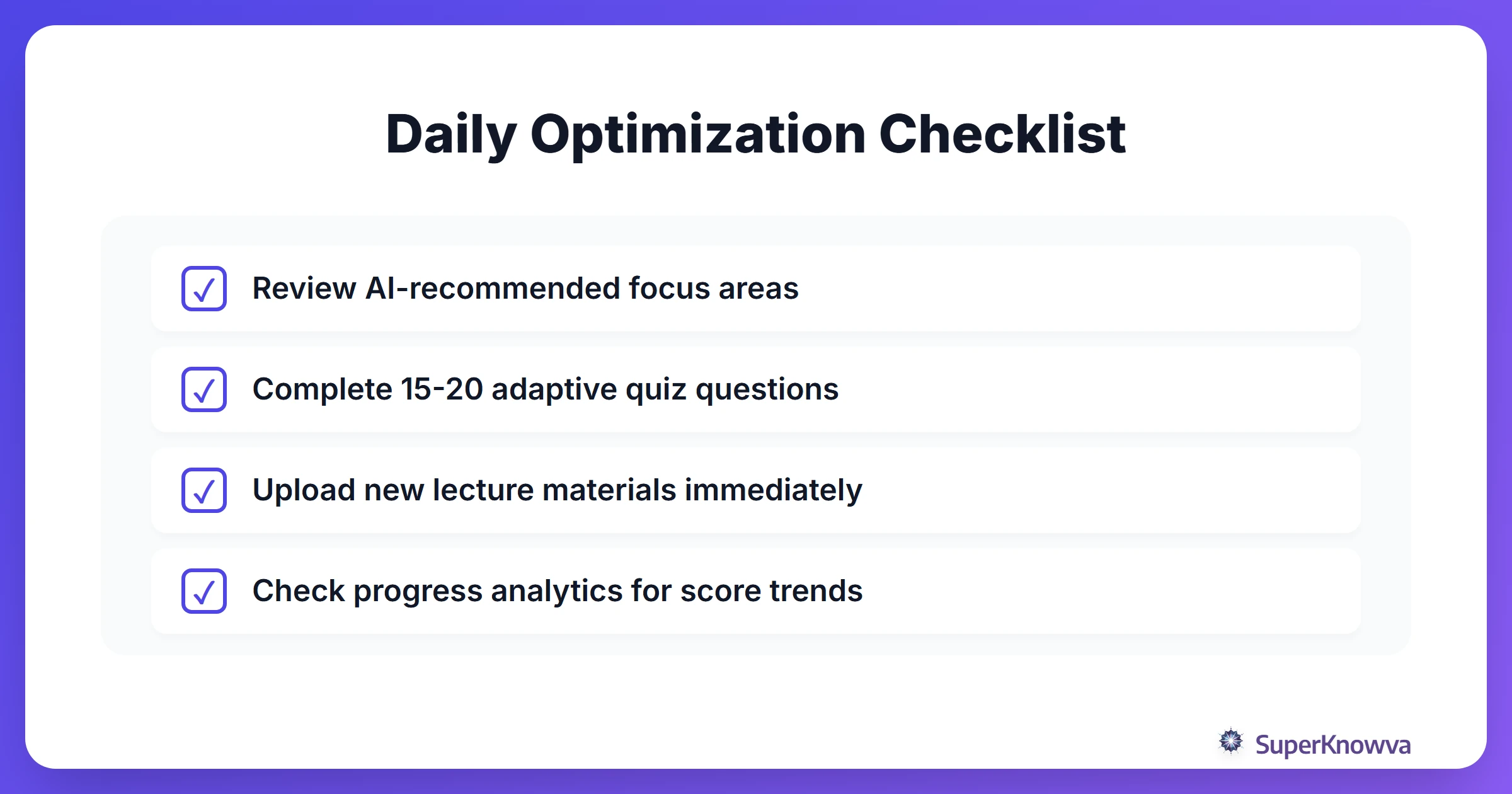 A checklist for daily study plan optimization on SuperKnowva.