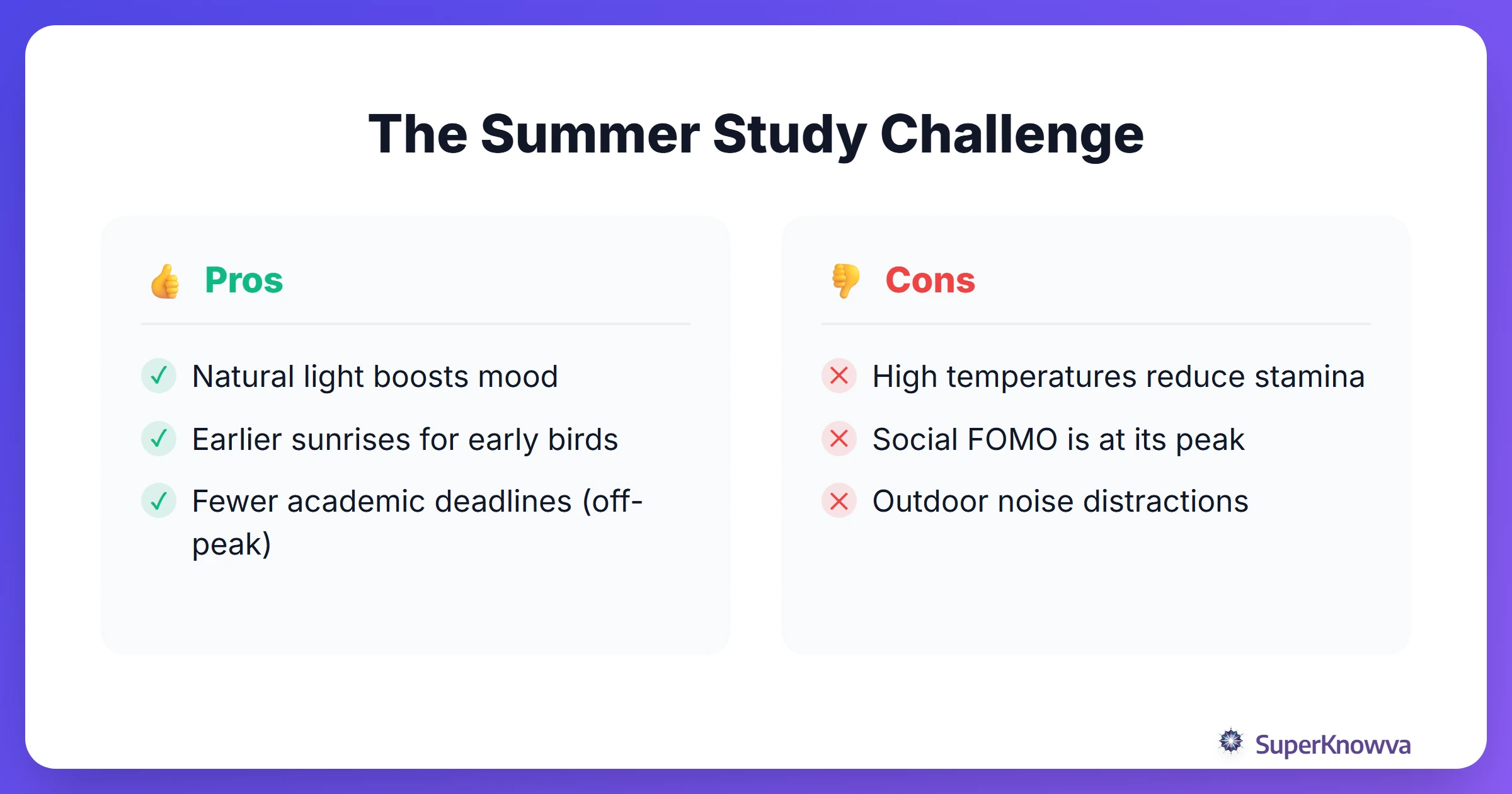 A pros and cons comparison between studying in summer versus winter.
