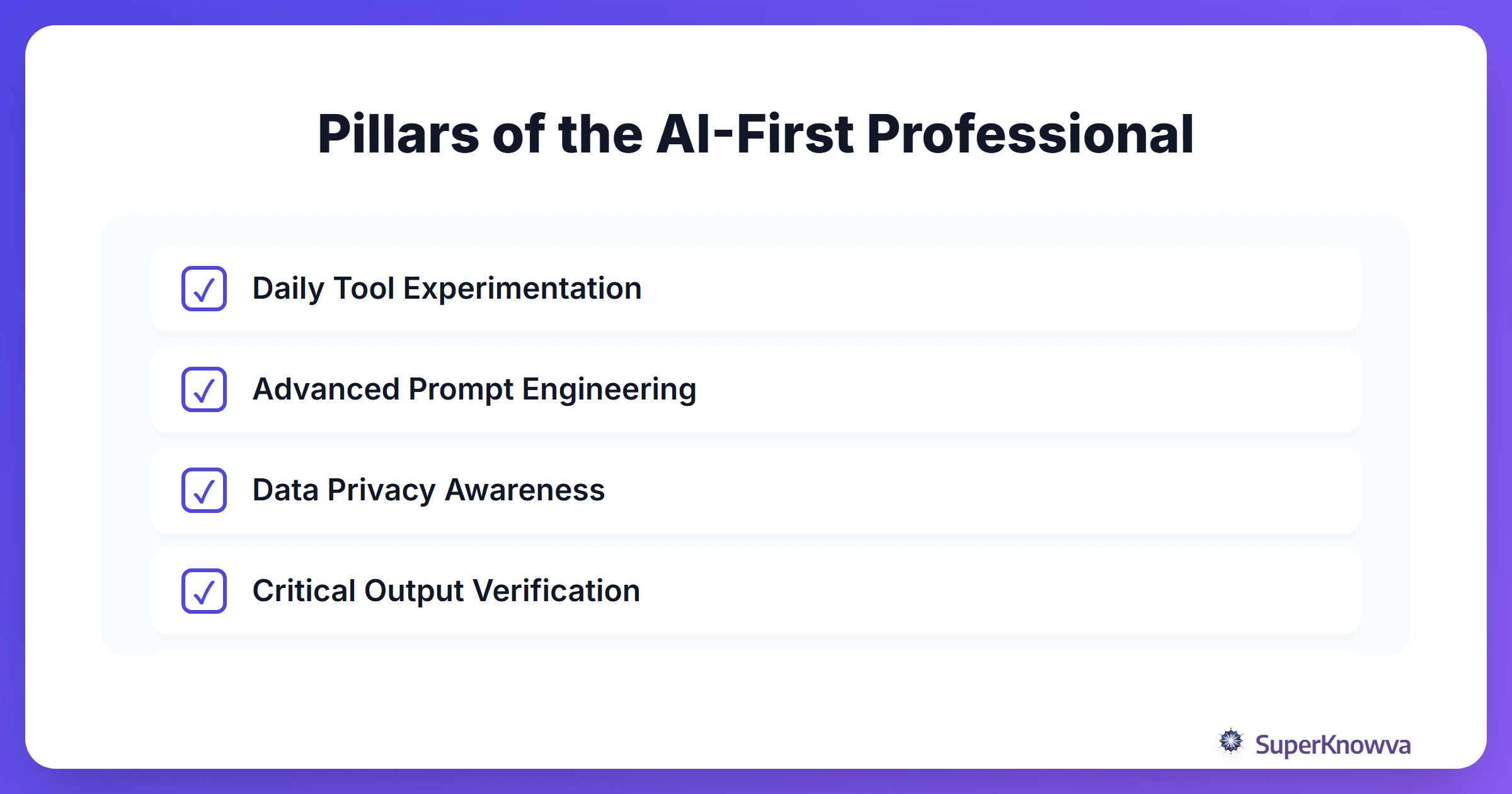 Checklist of the core pillars of an AI-first professional.
