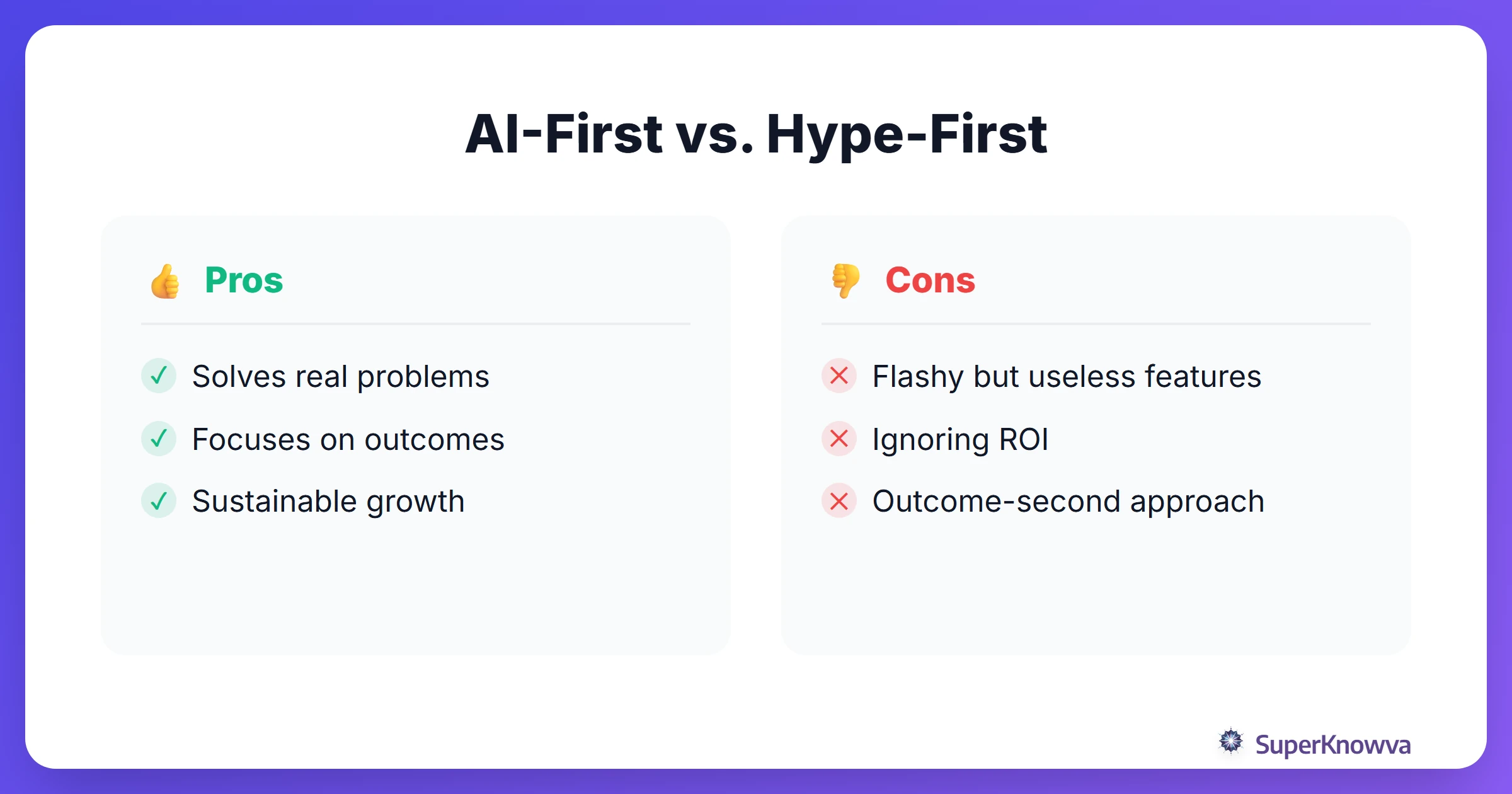 Pros and cons of AI-first versus Hype-first strategies.