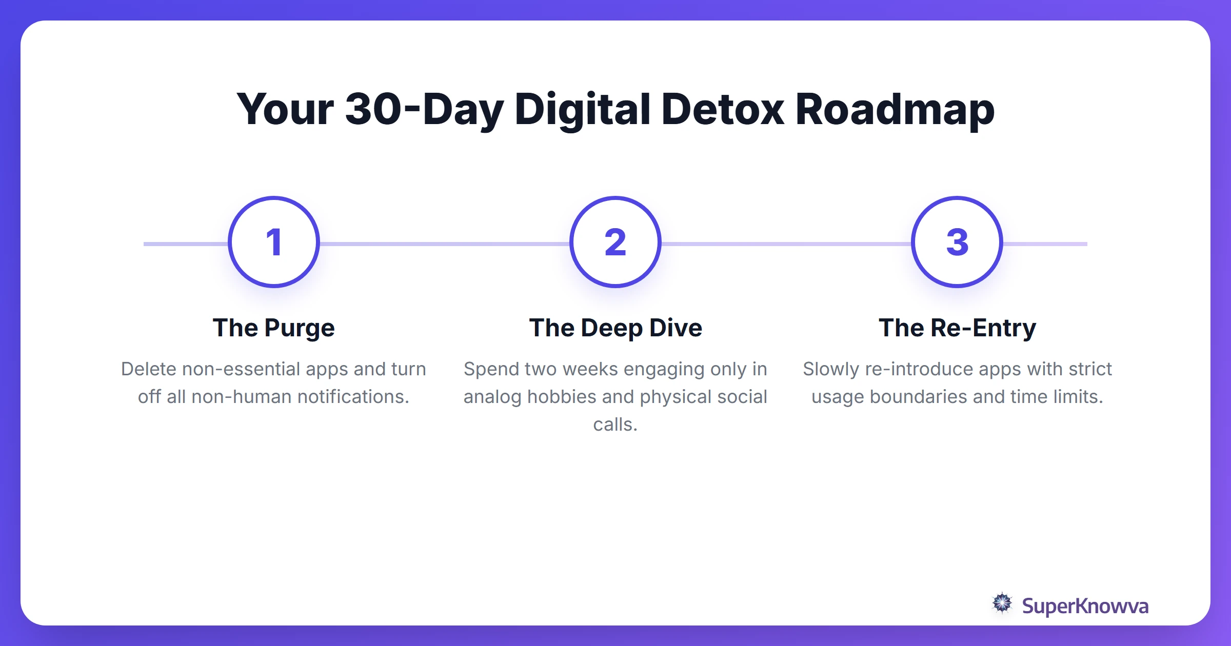 A process flow of the 30-day digital detox challenge for graduates.
