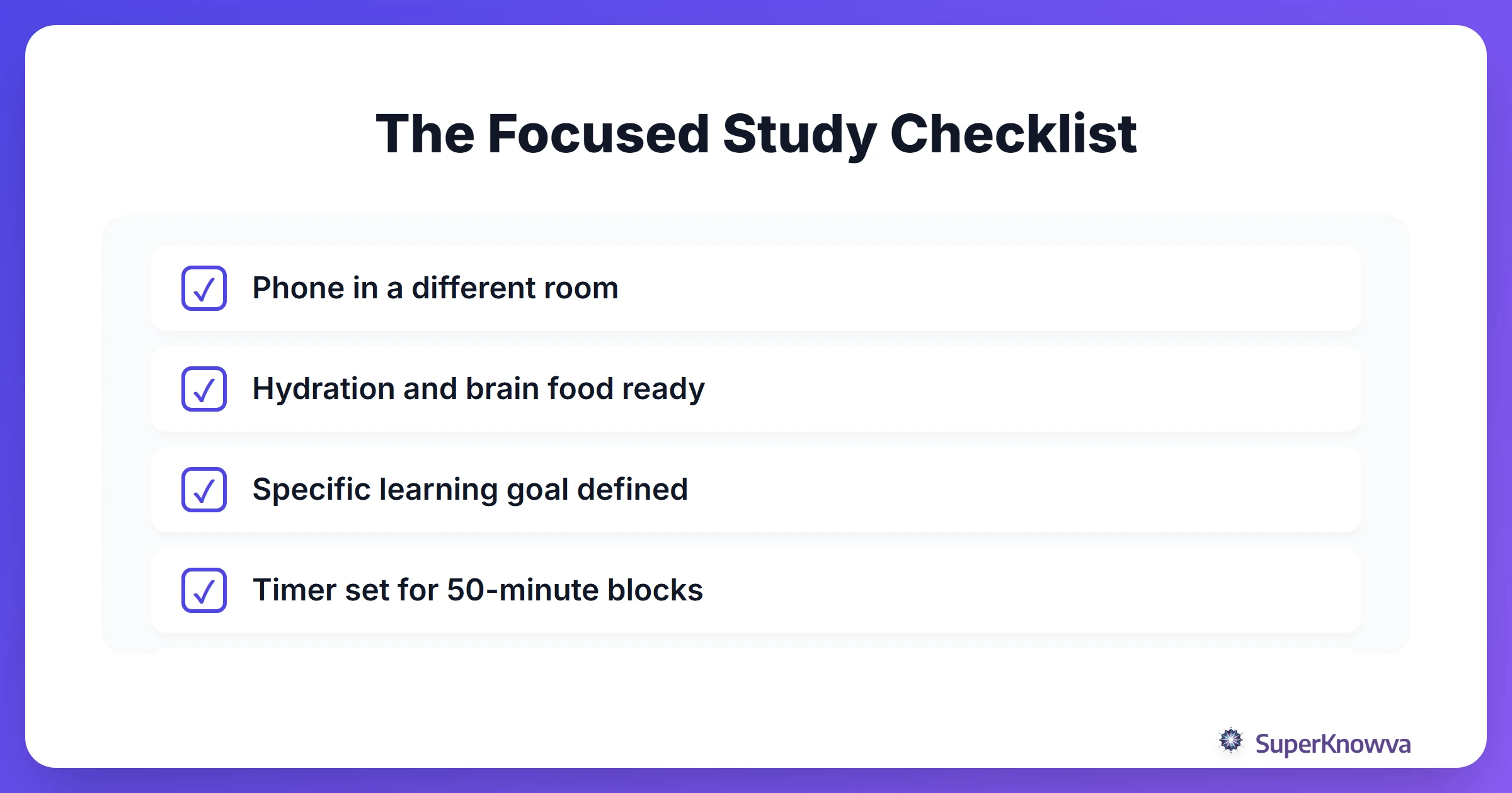 A checklist for a high-focus study session after a digital detox.