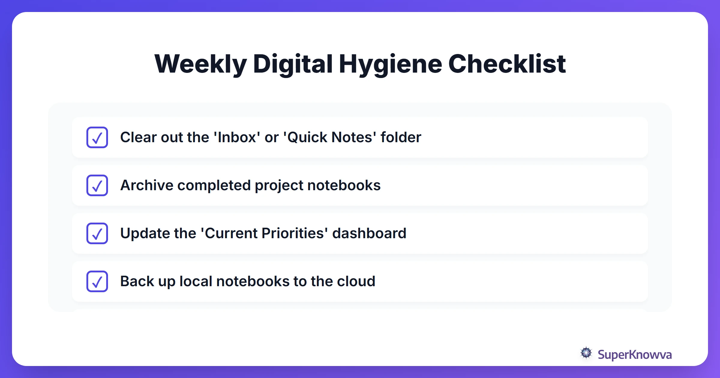 Checklist for maintaining a clean and professional digital note system.