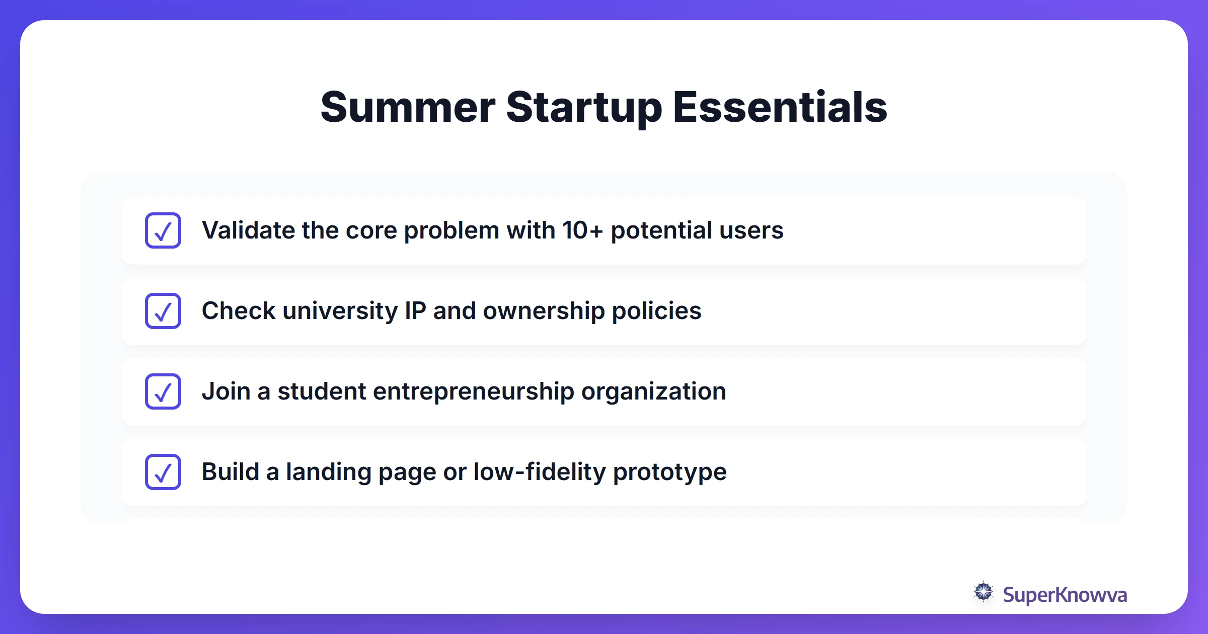 A checklist for students looking to start a business.