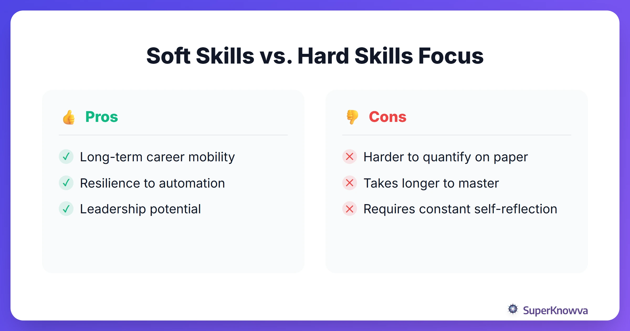 Pros and cons of focusing on soft skills versus hard skills alone.