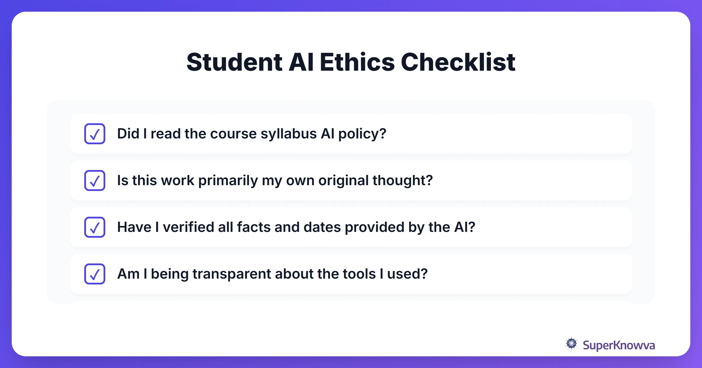 A checklist for students to ensure ethical AI usage.