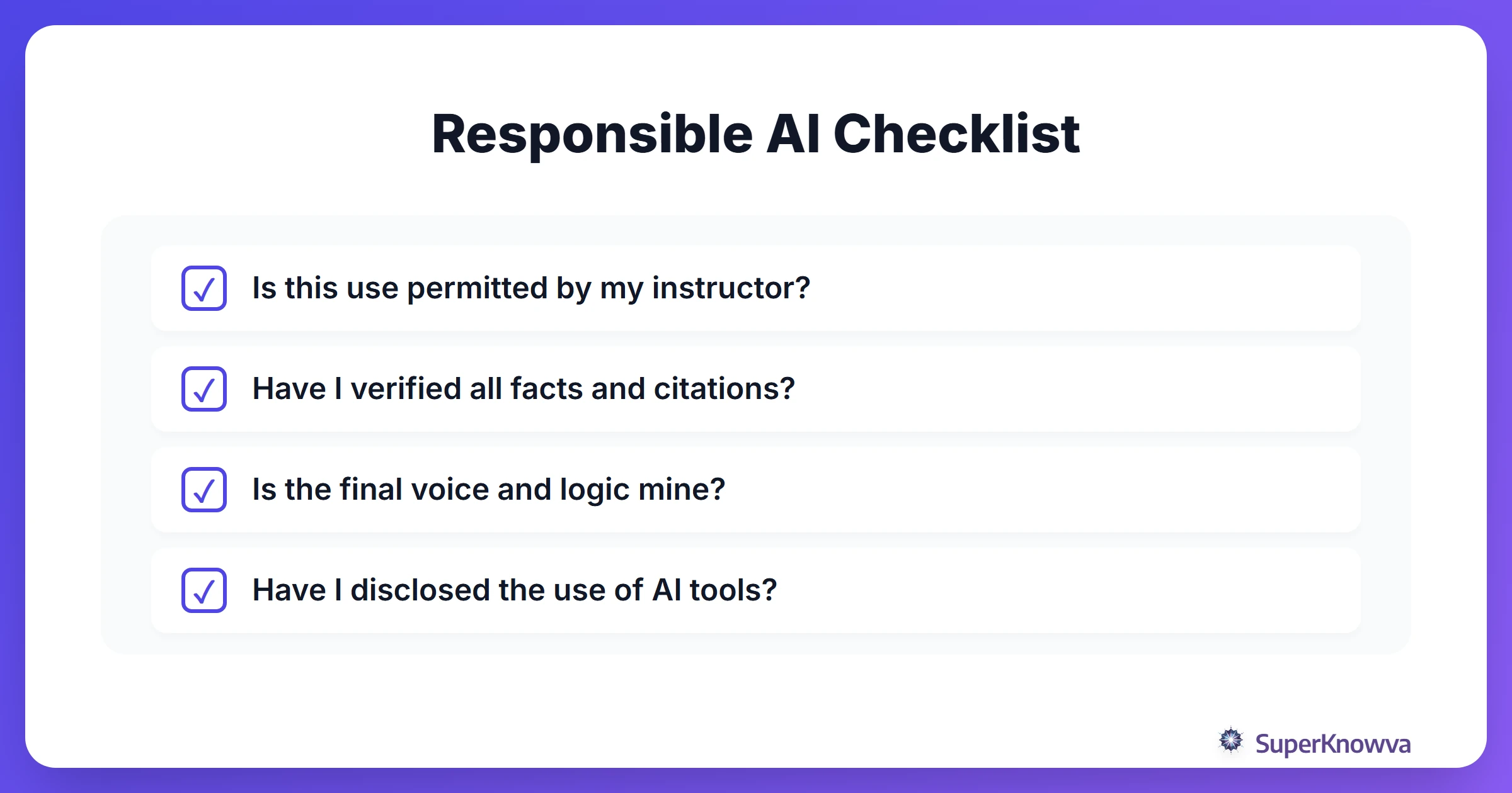 A checklist for students to ensure responsible AI use.