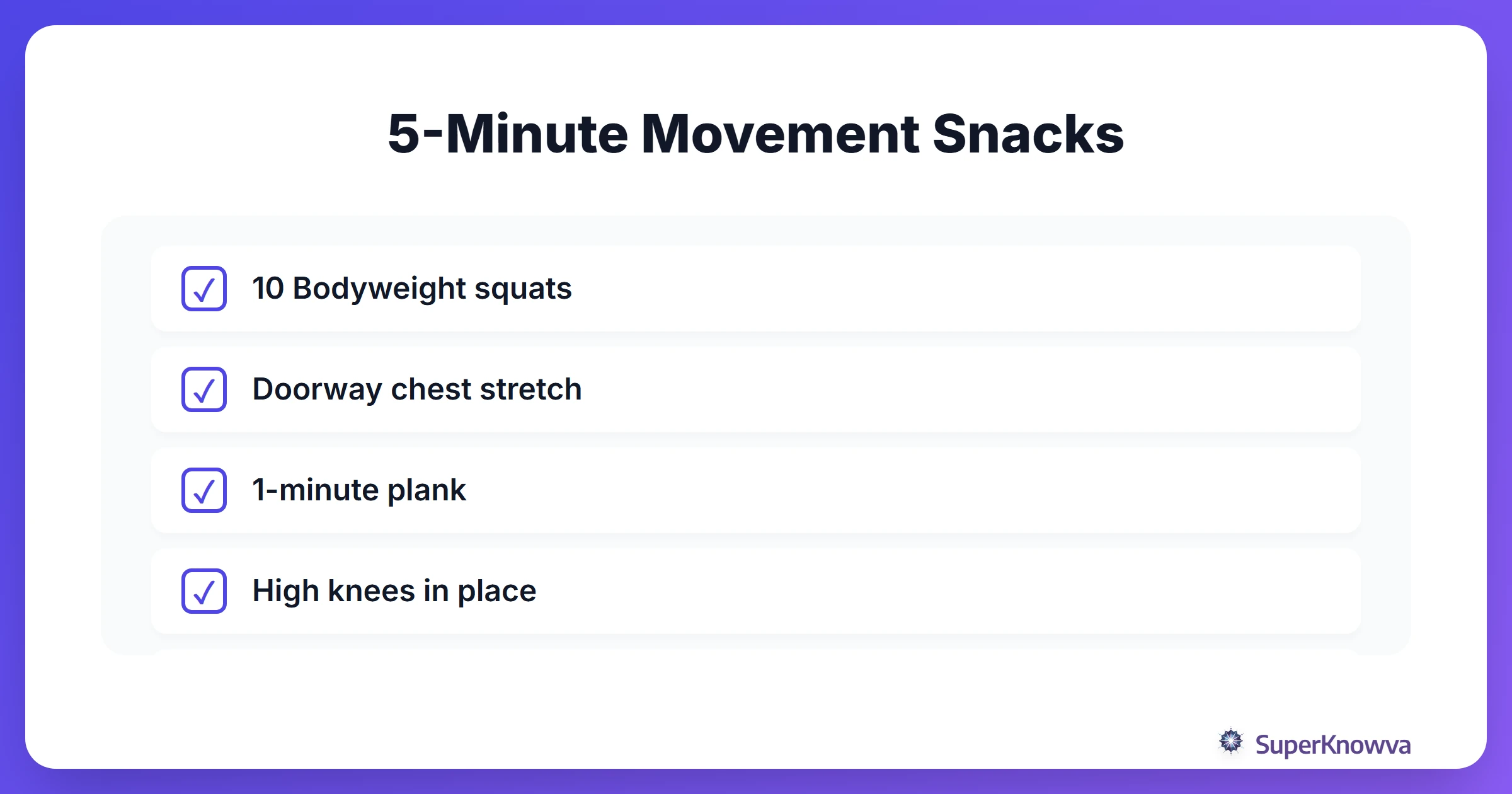 Checklist of quick exercises for student study breaks.