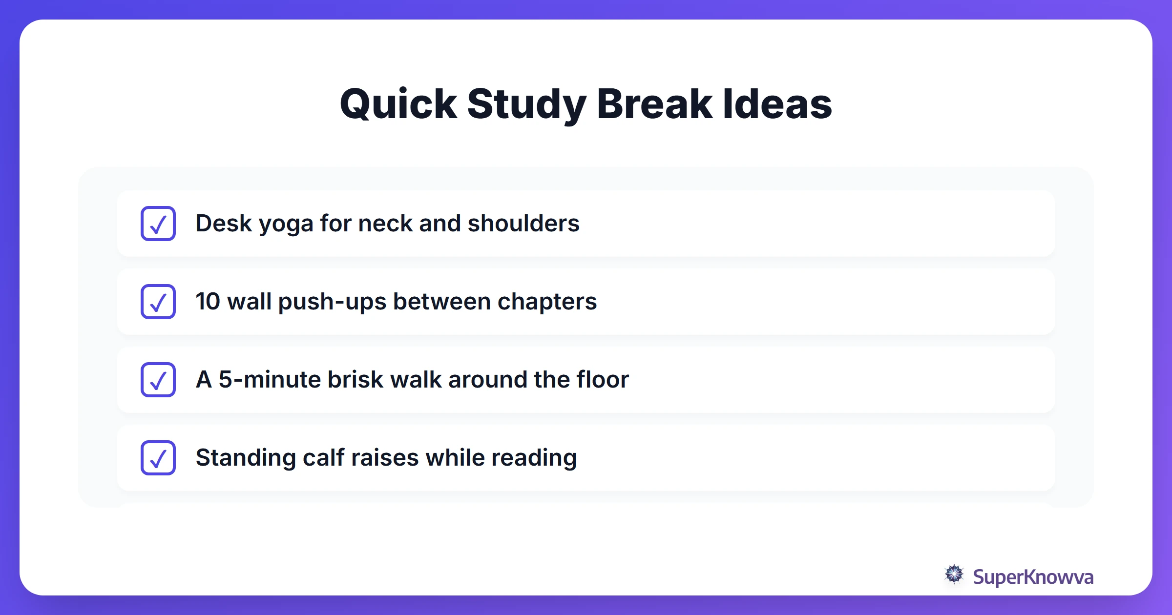 Checklist of active study break ideas for students.