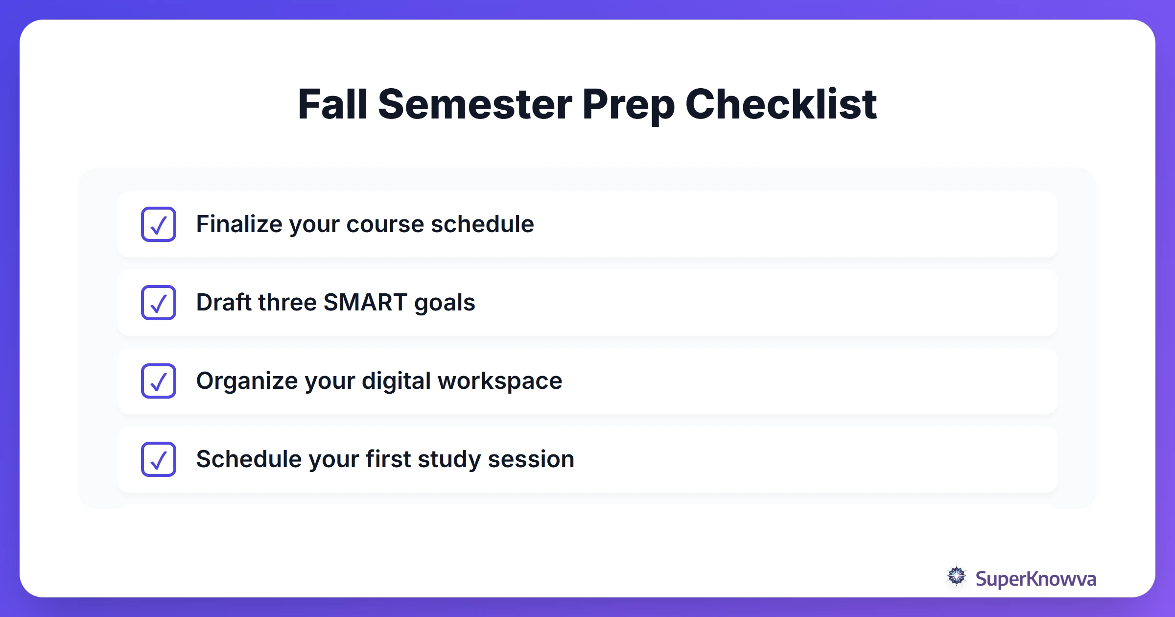 A checklist of items to complete before the fall semester begins.