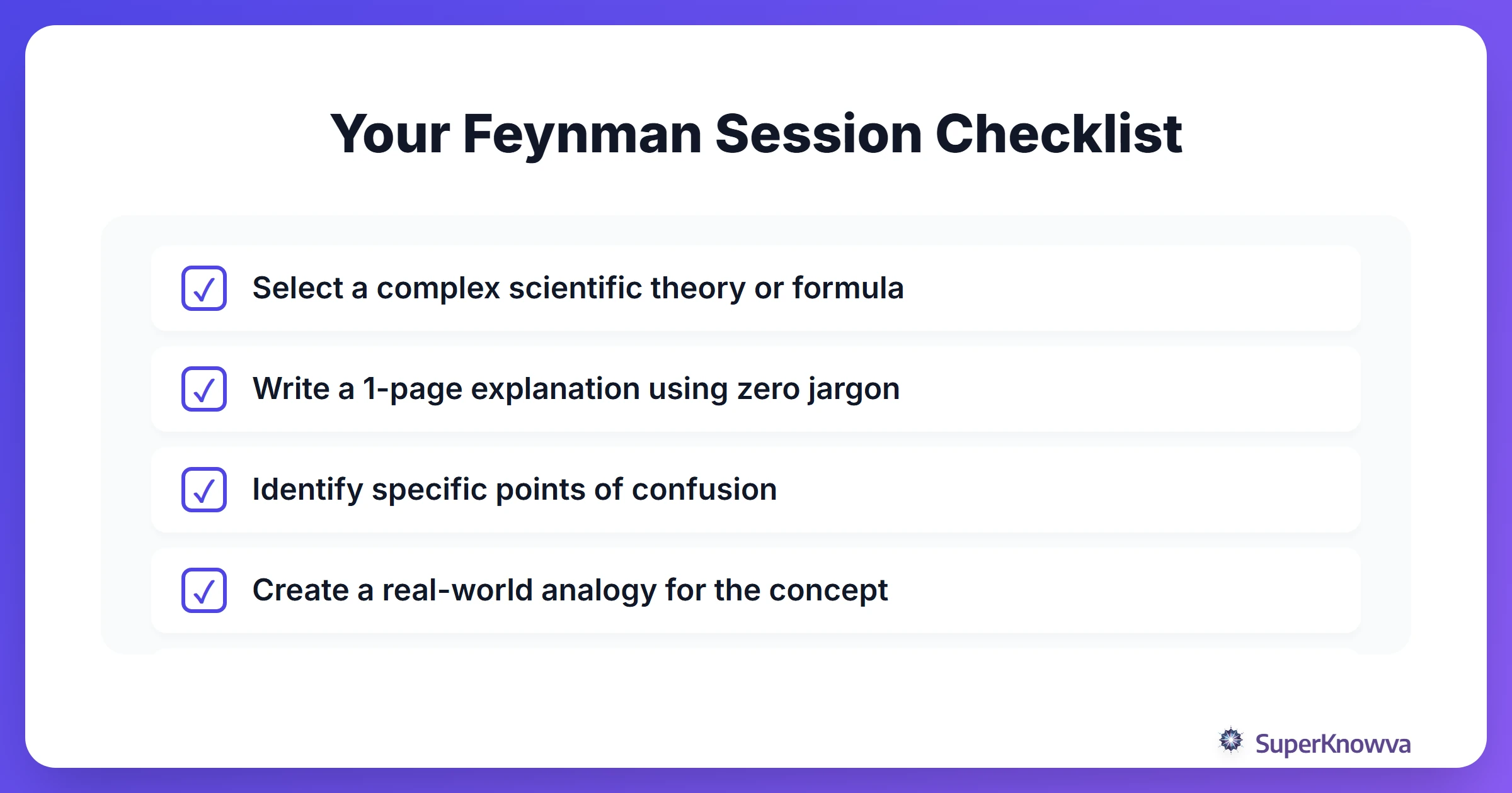 A checklist for a Feynman-based science study session.