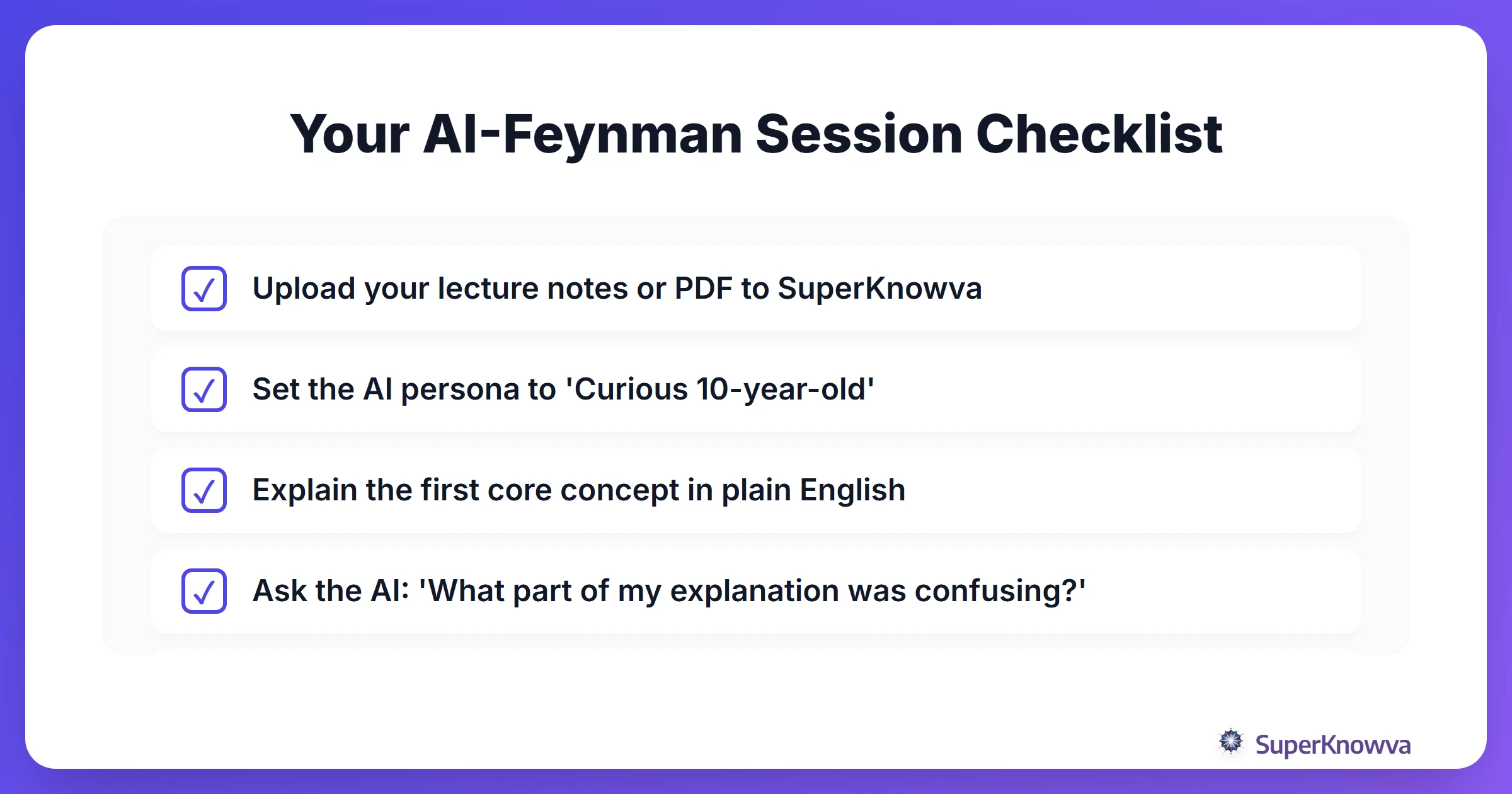 Checklist for setting up a Feynman session with AI.