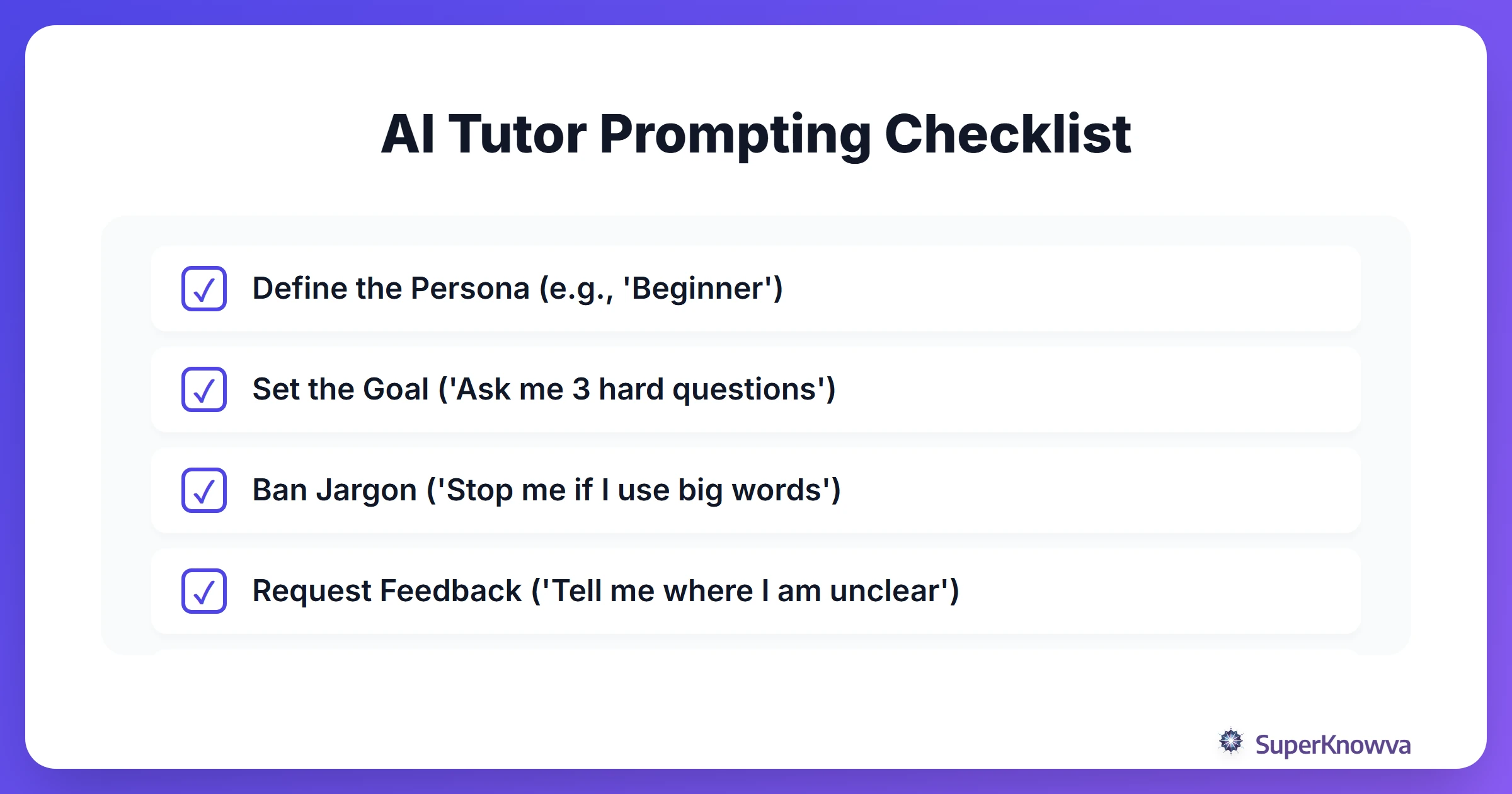 A checklist for prompting an AI to act as a Feynman student.