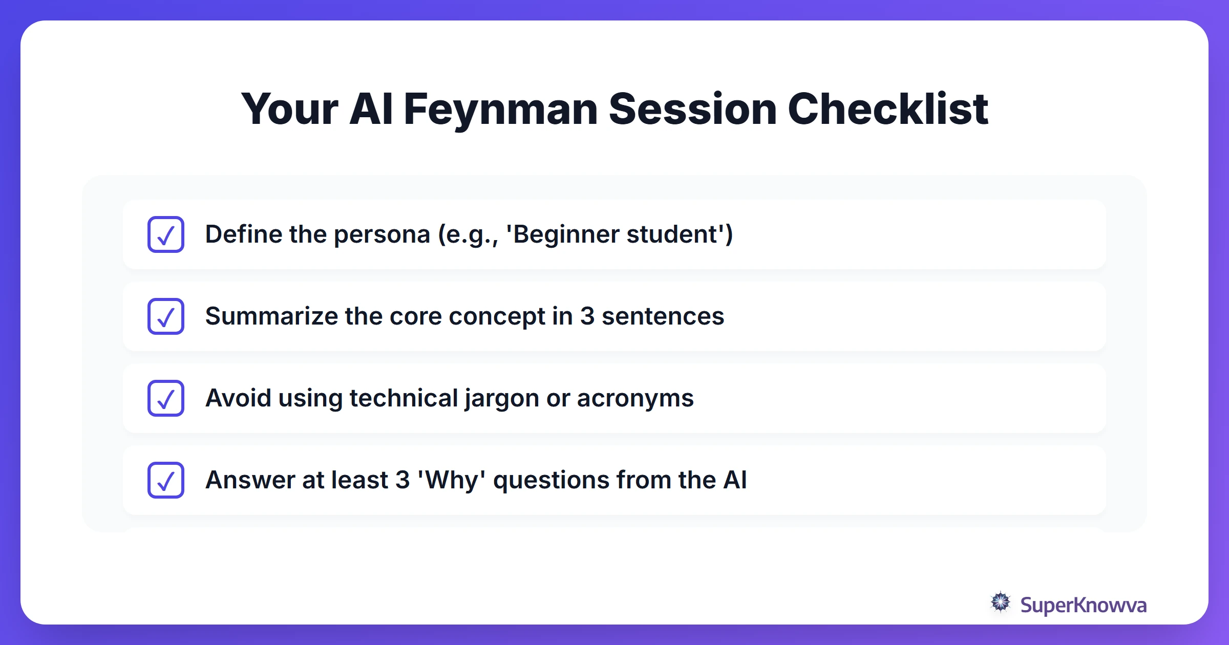 A checklist for running an AI Feynman session.