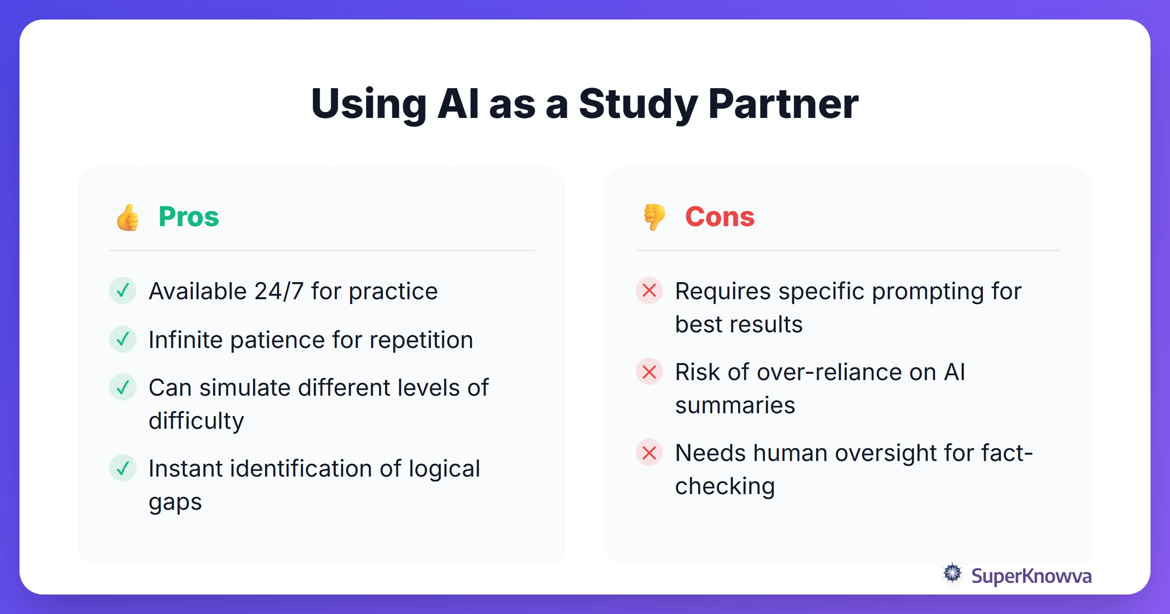 Pros and cons of using AI for the Feynman technique.