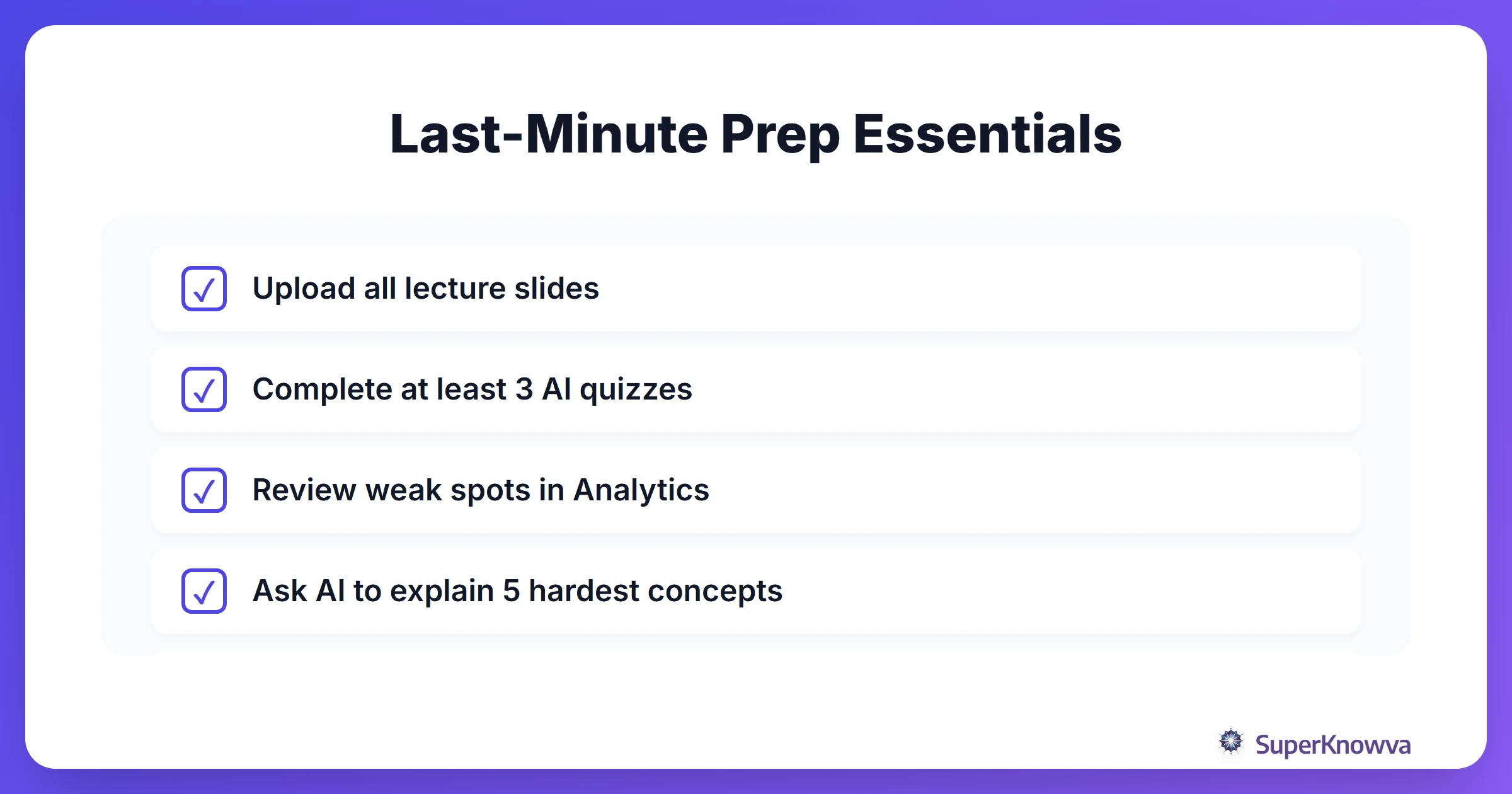 Checklist for last minute exam preparation