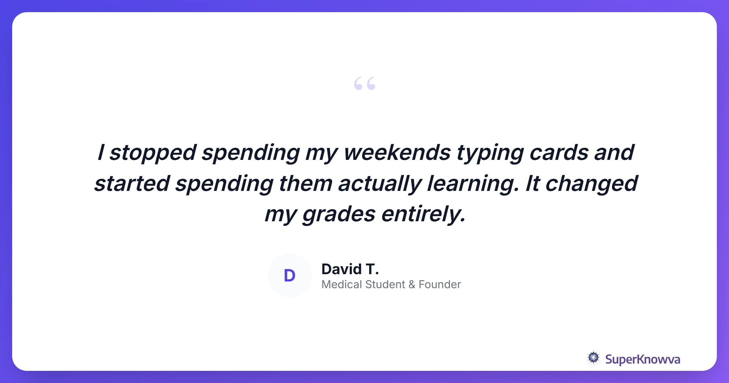 A quote card from a student who used AI flashcards to pass their exams.