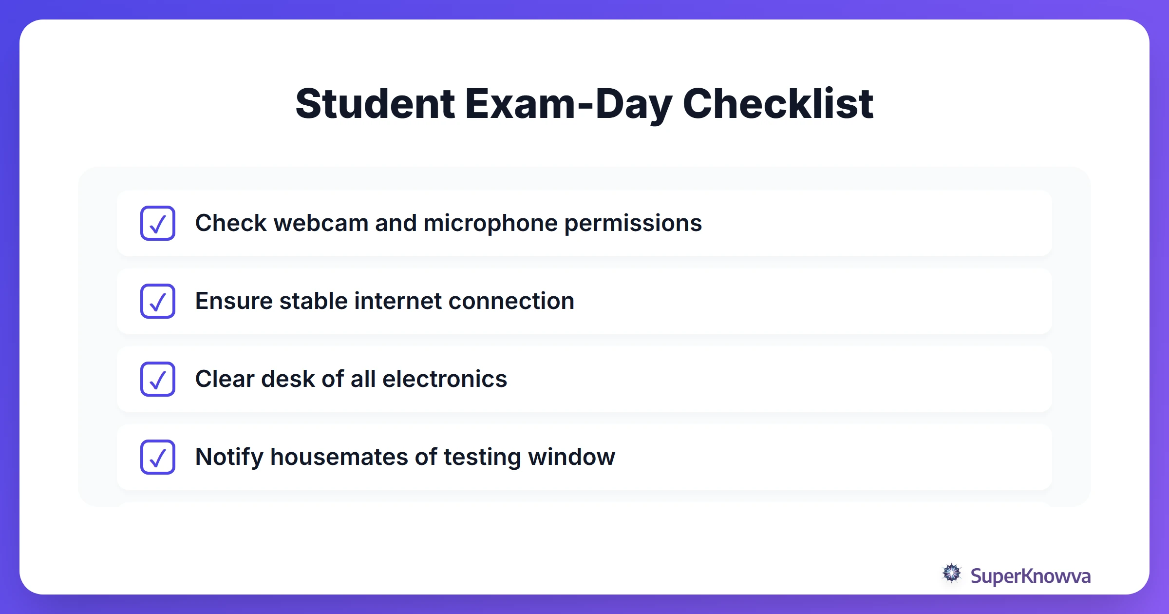 Checklist for students preparing for an AI proctored exam